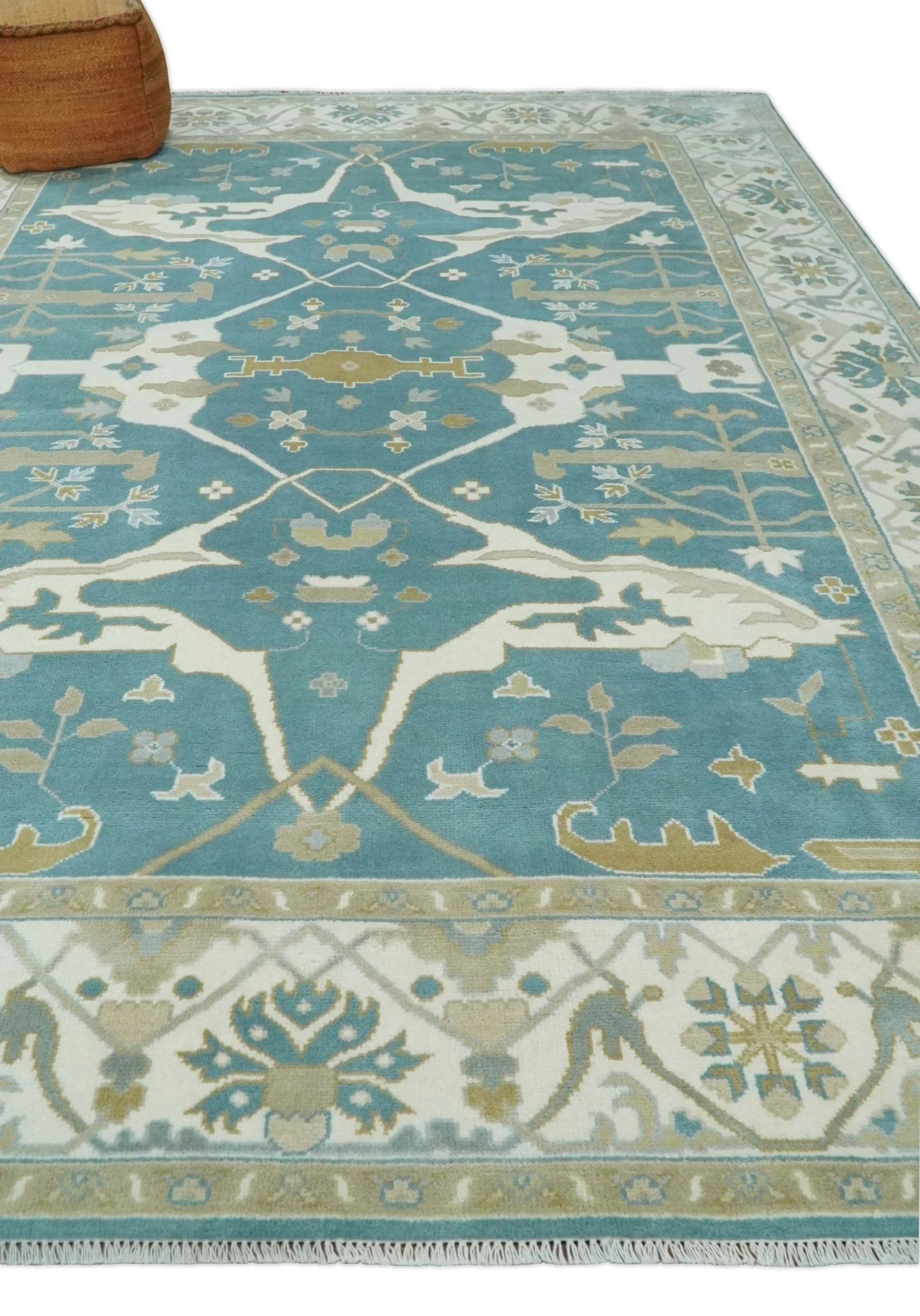 9x12 Hand Knotted Oriental Oushak Teal, Ivory and Beige Wool Area Rug - Image 3