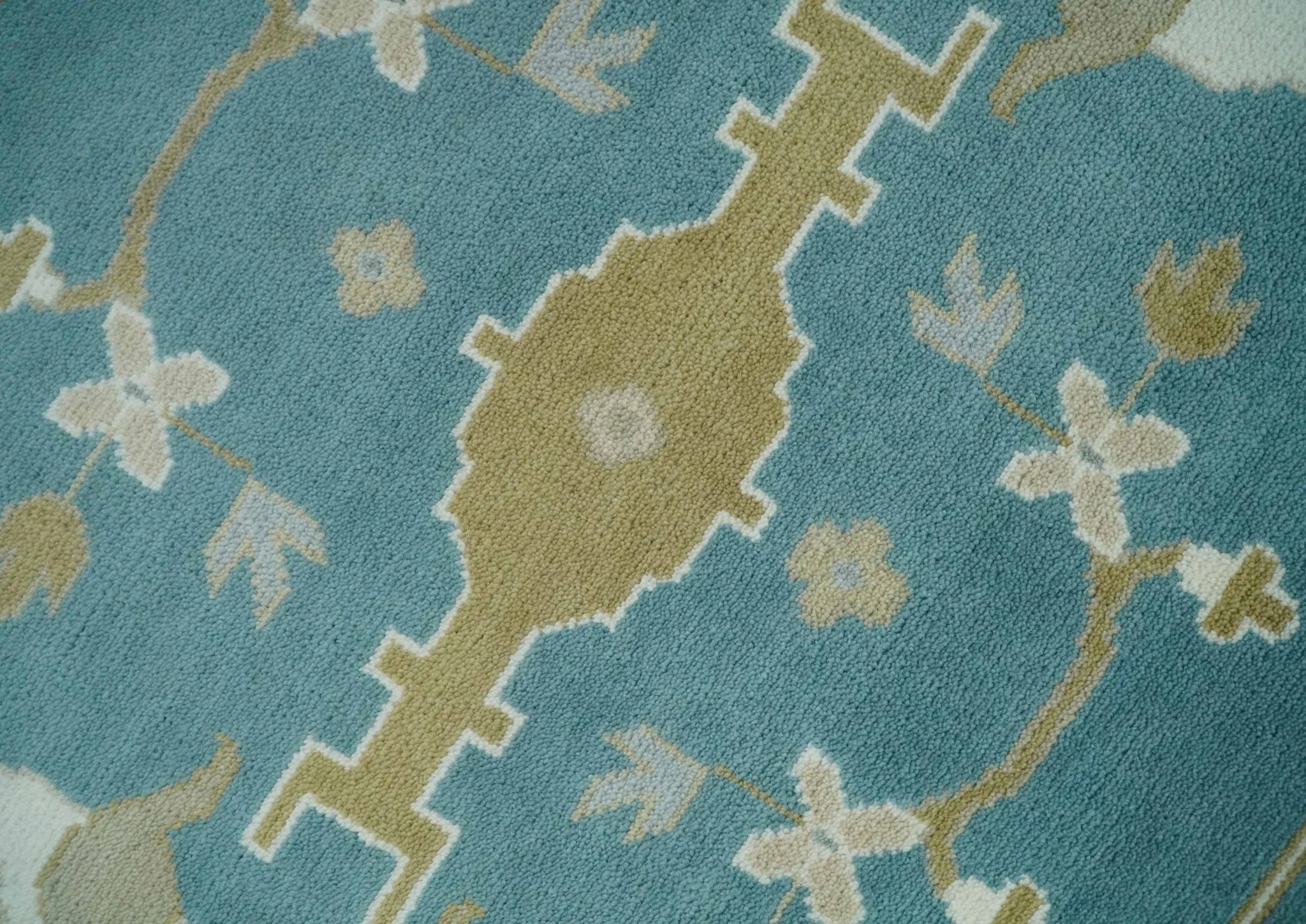 9x12 Hand Knotted Oriental Oushak Teal, Ivory and Beige Wool Area Rug - Image 4
