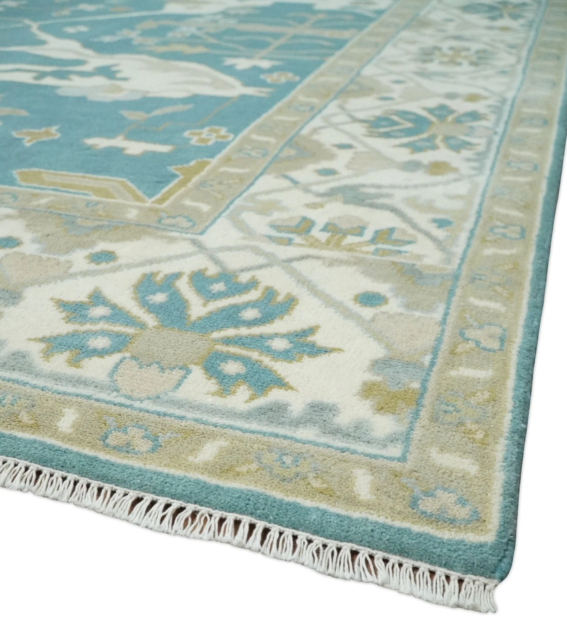 9x12 Hand Knotted Oriental Oushak Teal, Ivory and Beige Wool Area Rug - Image 5