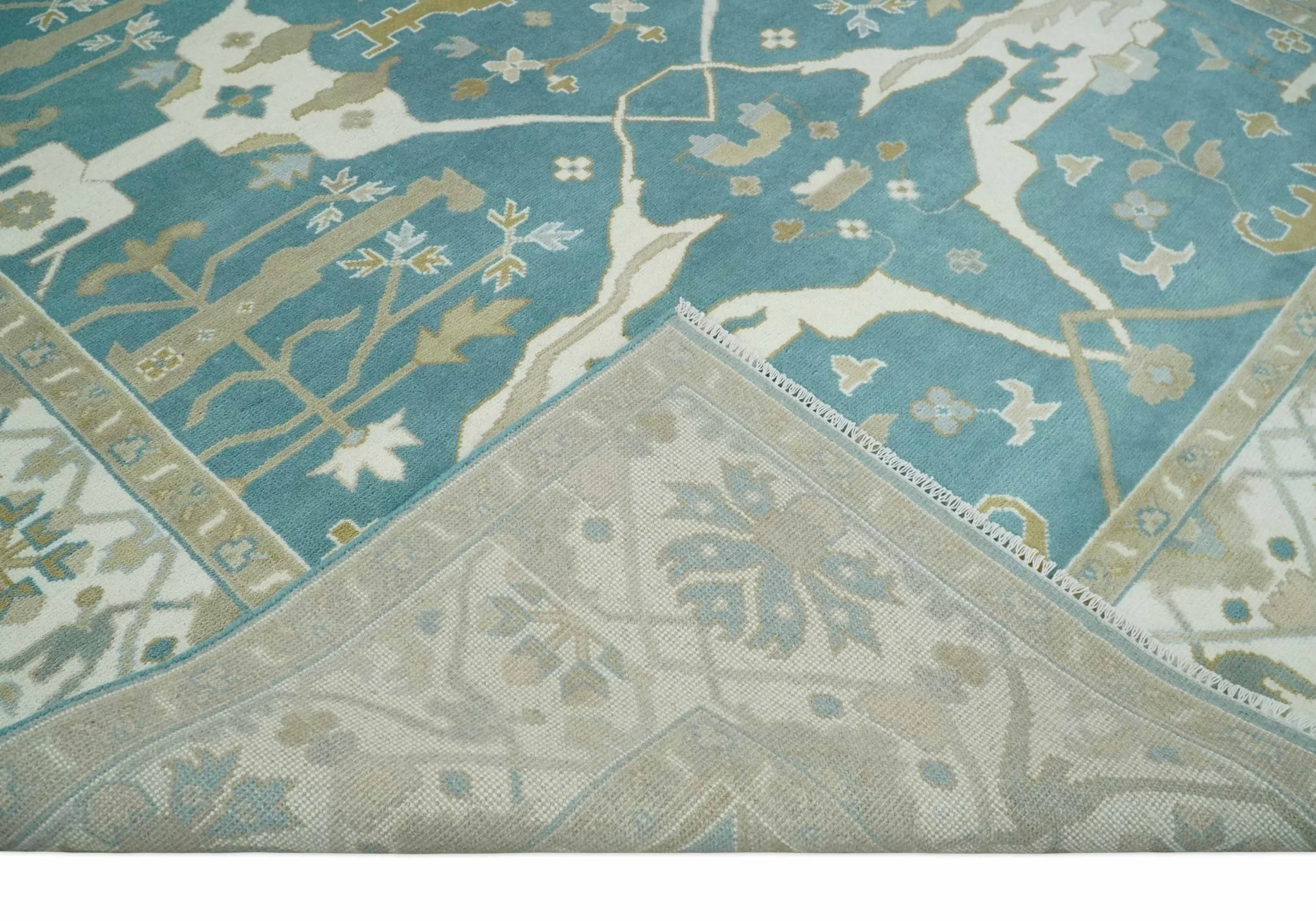 9x12 Hand Knotted Oriental Oushak Teal, Ivory and Beige Wool Area Rug - Image 6