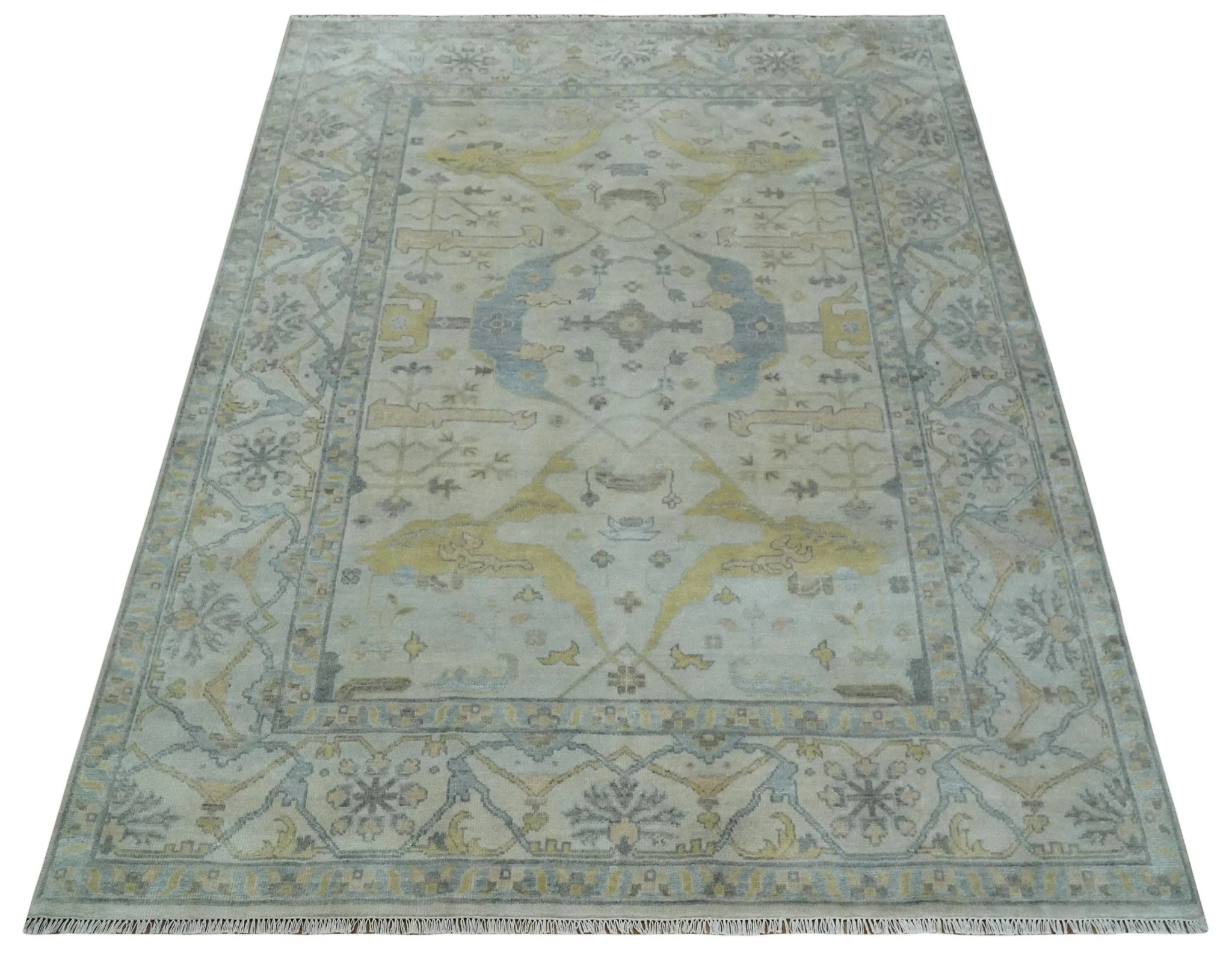 9x12 Hand Knotted Oriental Oushak Ivory, Charcoal and Yellow Wool Area Rug - Image 10