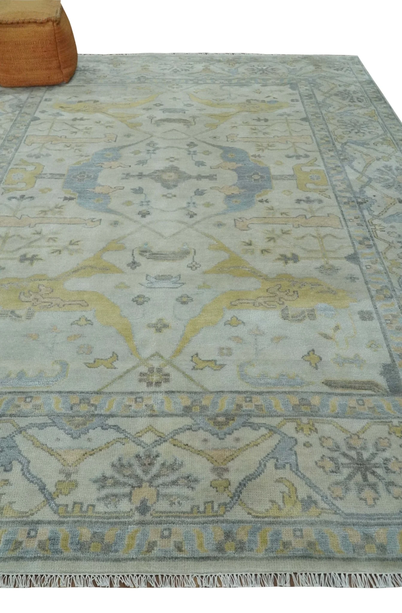 9x12 Hand Knotted Oriental Oushak Ivory, Charcoal and Yellow Wool Area Rug - Image 3