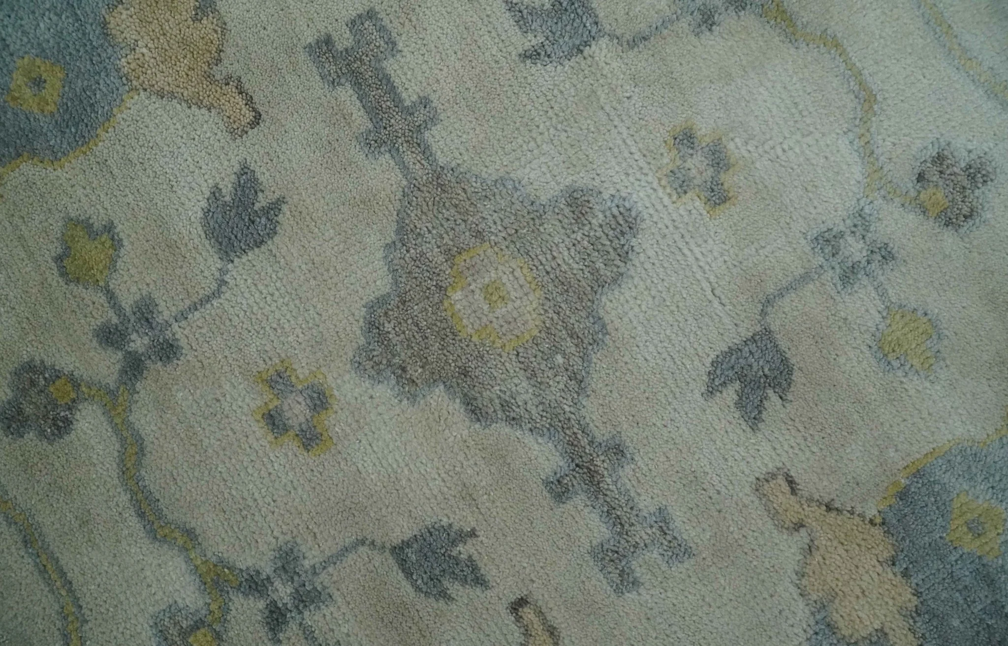 9x12 Hand Knotted Oriental Oushak Ivory, Charcoal and Yellow Wool Area Rug - Image 4