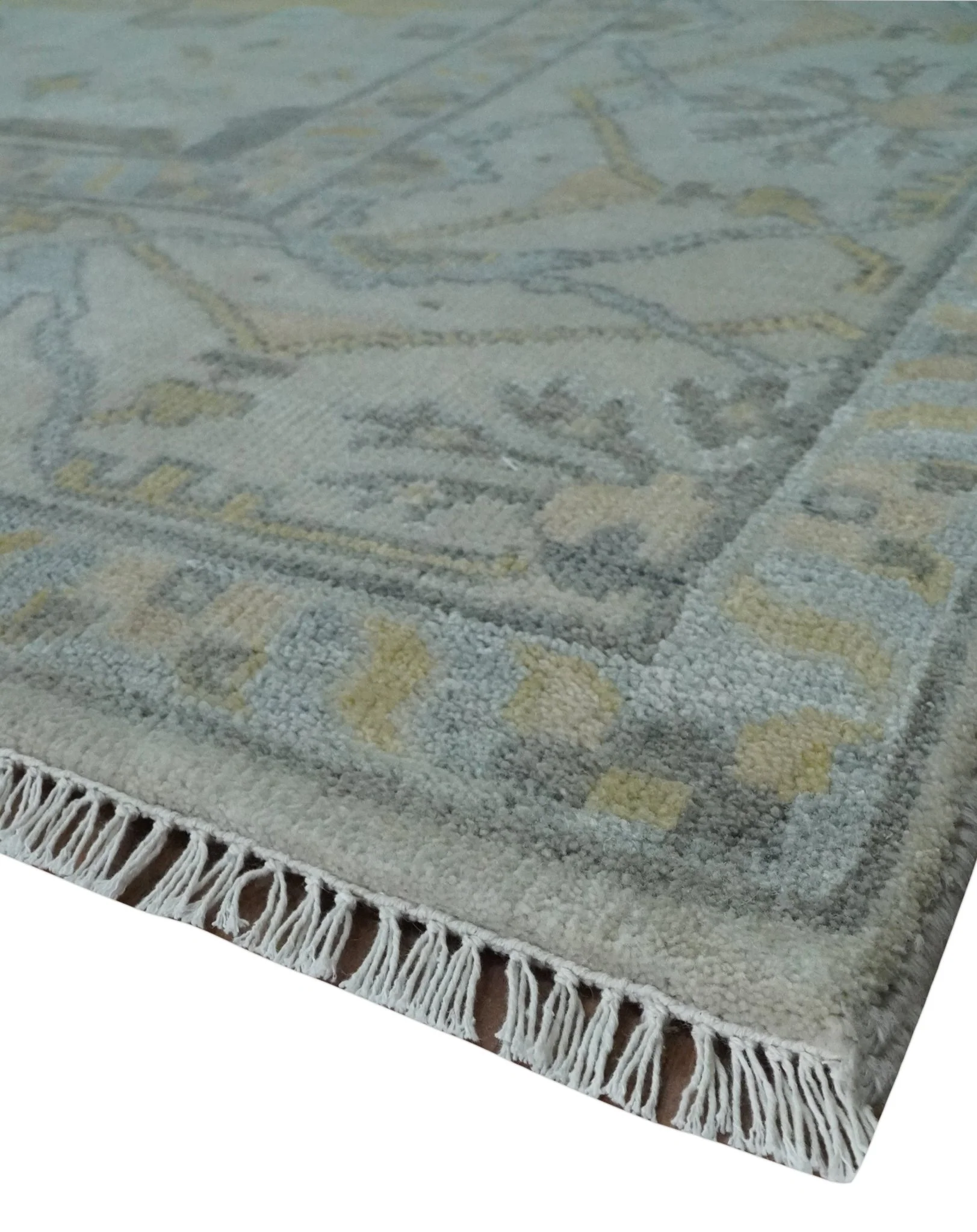 9x12 Hand Knotted Oriental Oushak Ivory, Charcoal and Yellow Wool Area Rug - Image 5