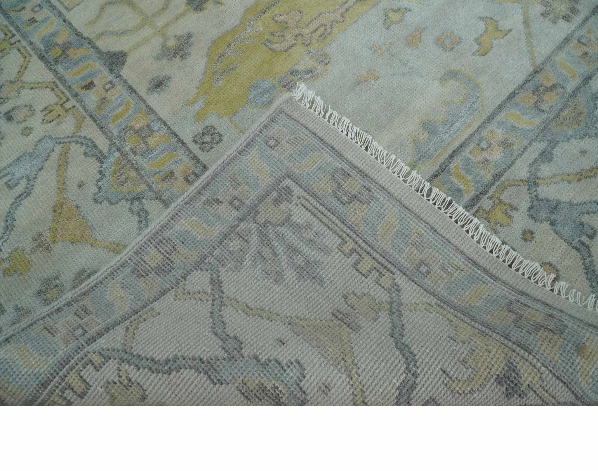 9x12 Hand Knotted Oriental Oushak Ivory, Charcoal and Yellow Wool Area Rug - Image 6