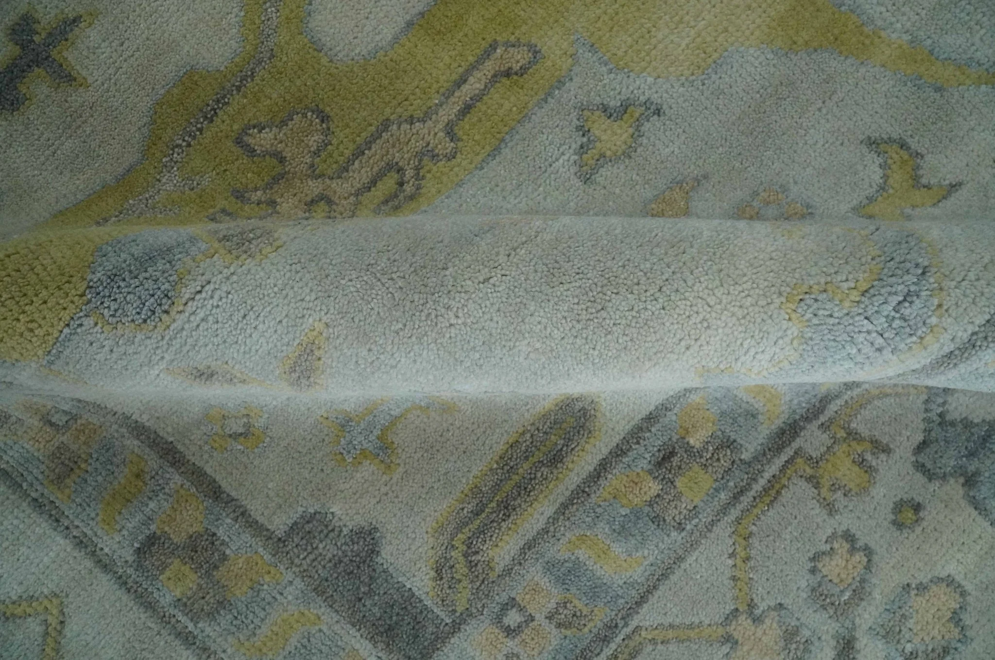 9x12 Hand Knotted Oriental Oushak Ivory, Charcoal and Yellow Wool Area Rug - Image 7