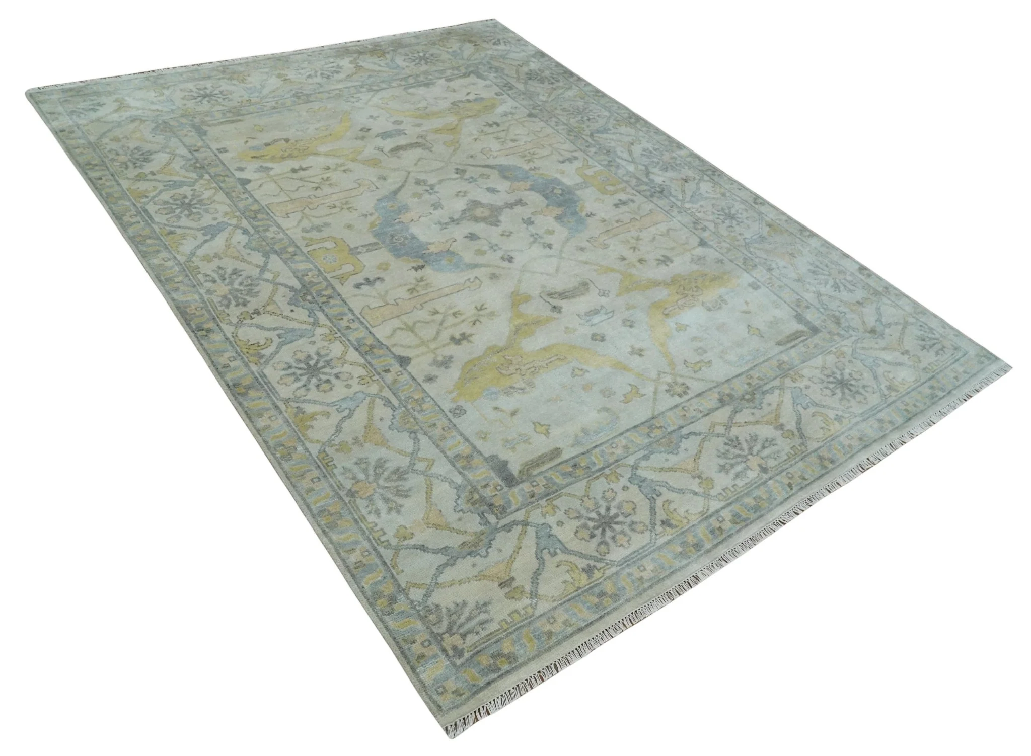 9x12 Hand Knotted Oriental Oushak Ivory, Charcoal and Yellow Wool Area Rug - Image 9