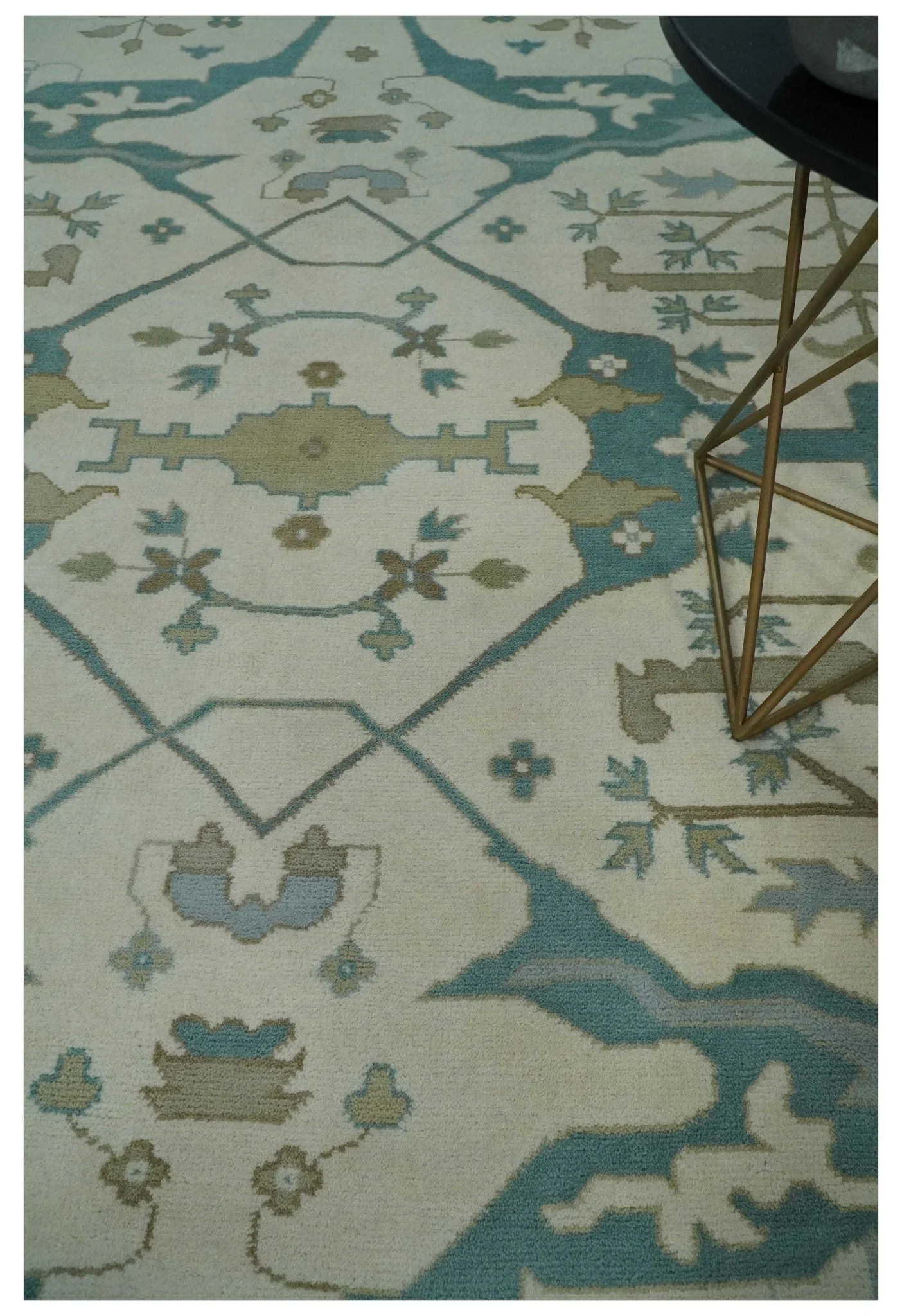 9x12 Hand Knotted Oriental Oushak Ivory, Teal and Beige Wool Area Rug - Image 2