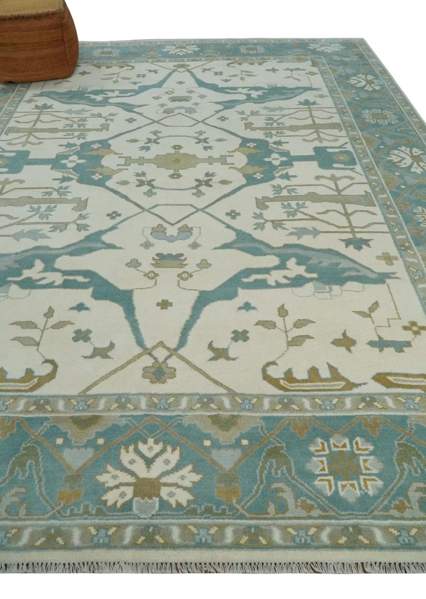 9x12 Hand Knotted Oriental Oushak Ivory, Teal and Beige Wool Area Rug - Image 3