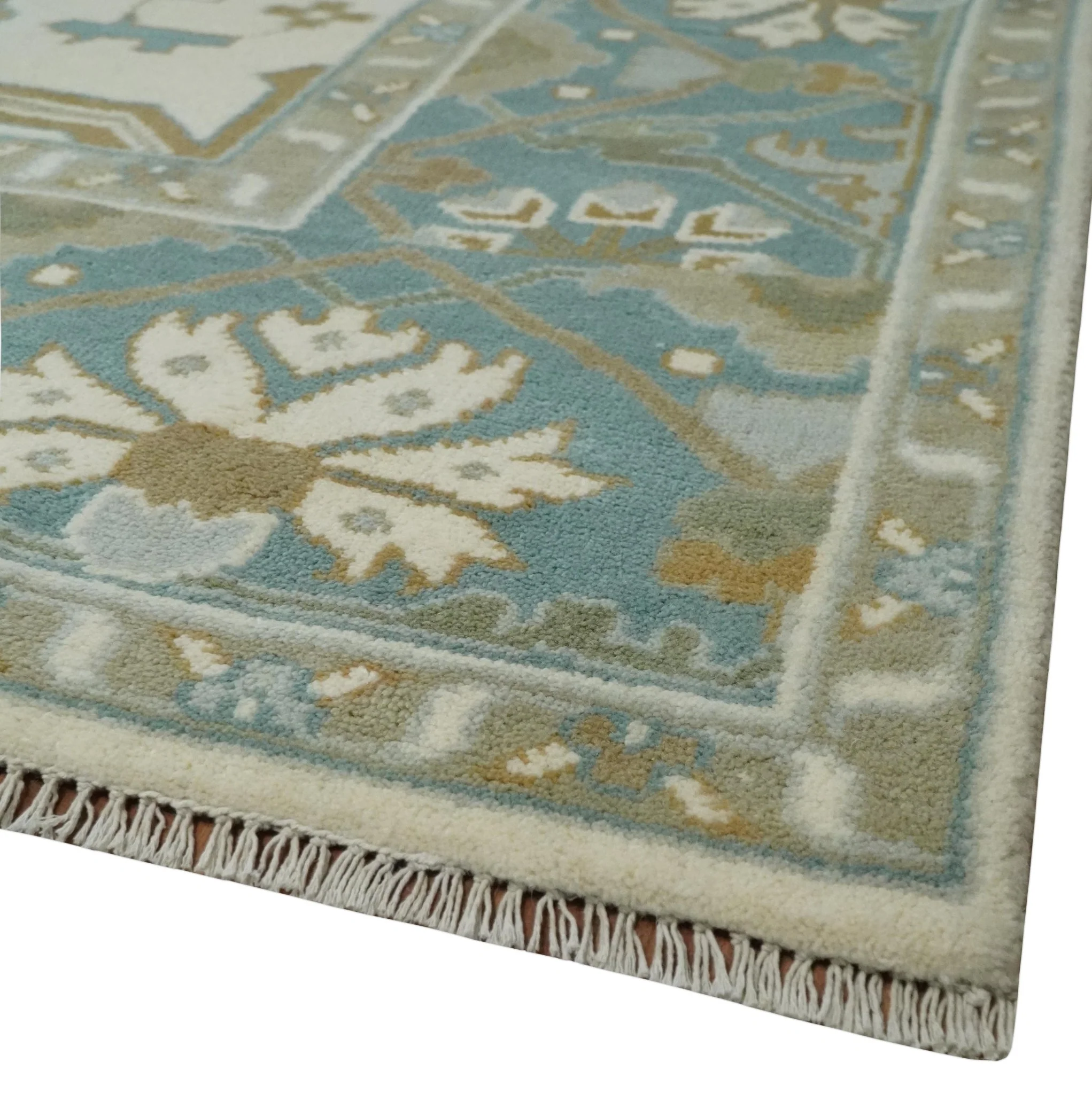 9x12 Hand Knotted Oriental Oushak Ivory, Teal and Beige Wool Area Rug - Image 5