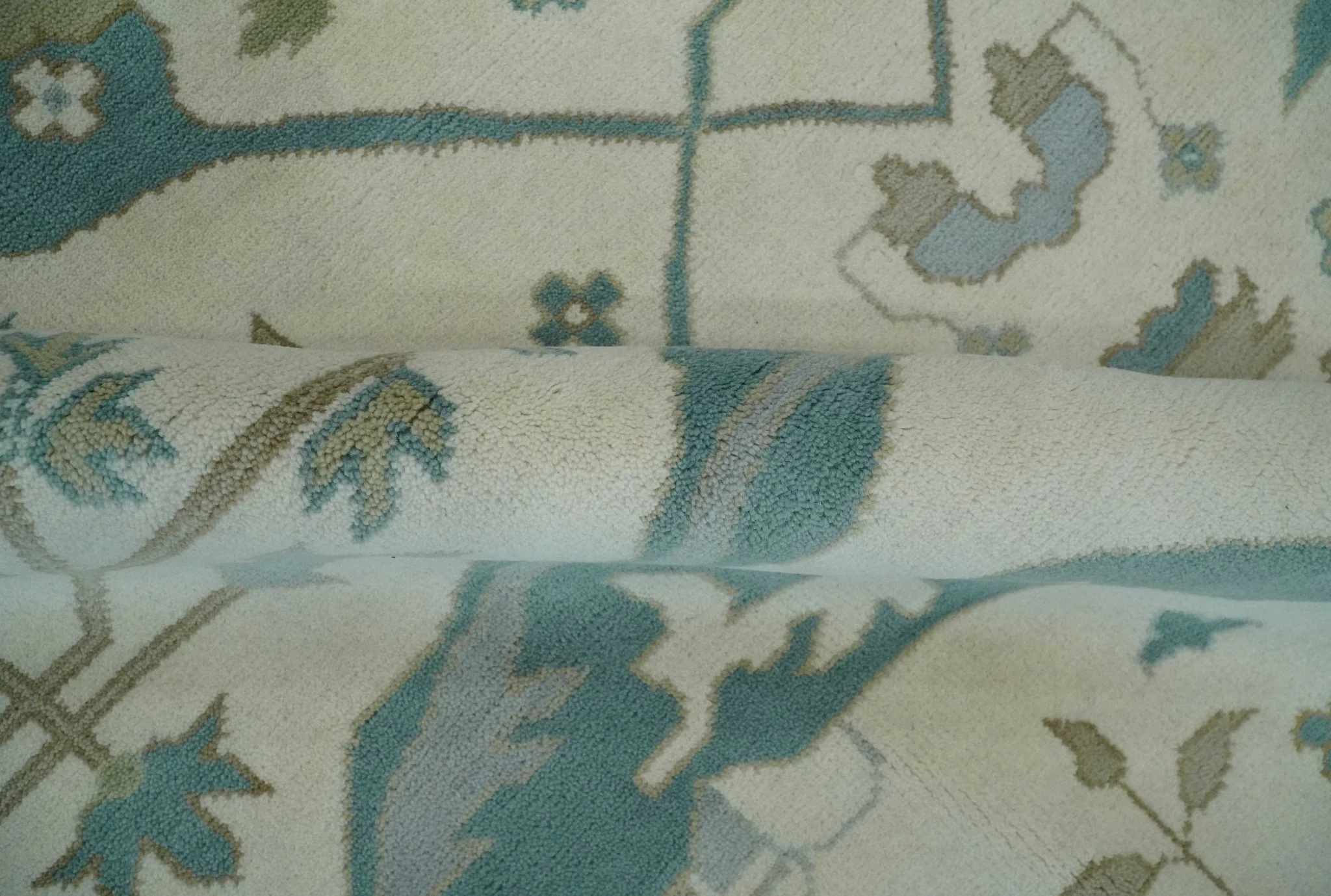 9x12 Hand Knotted Oriental Oushak Ivory, Teal and Beige Wool Area Rug - Image 6