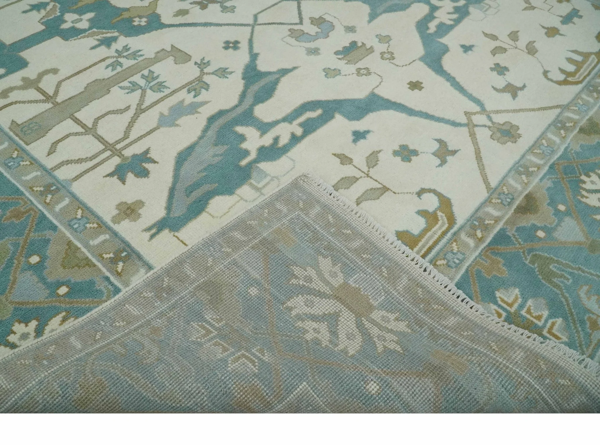 9x12 Hand Knotted Oriental Oushak Ivory, Teal and Beige Wool Area Rug - Image 7