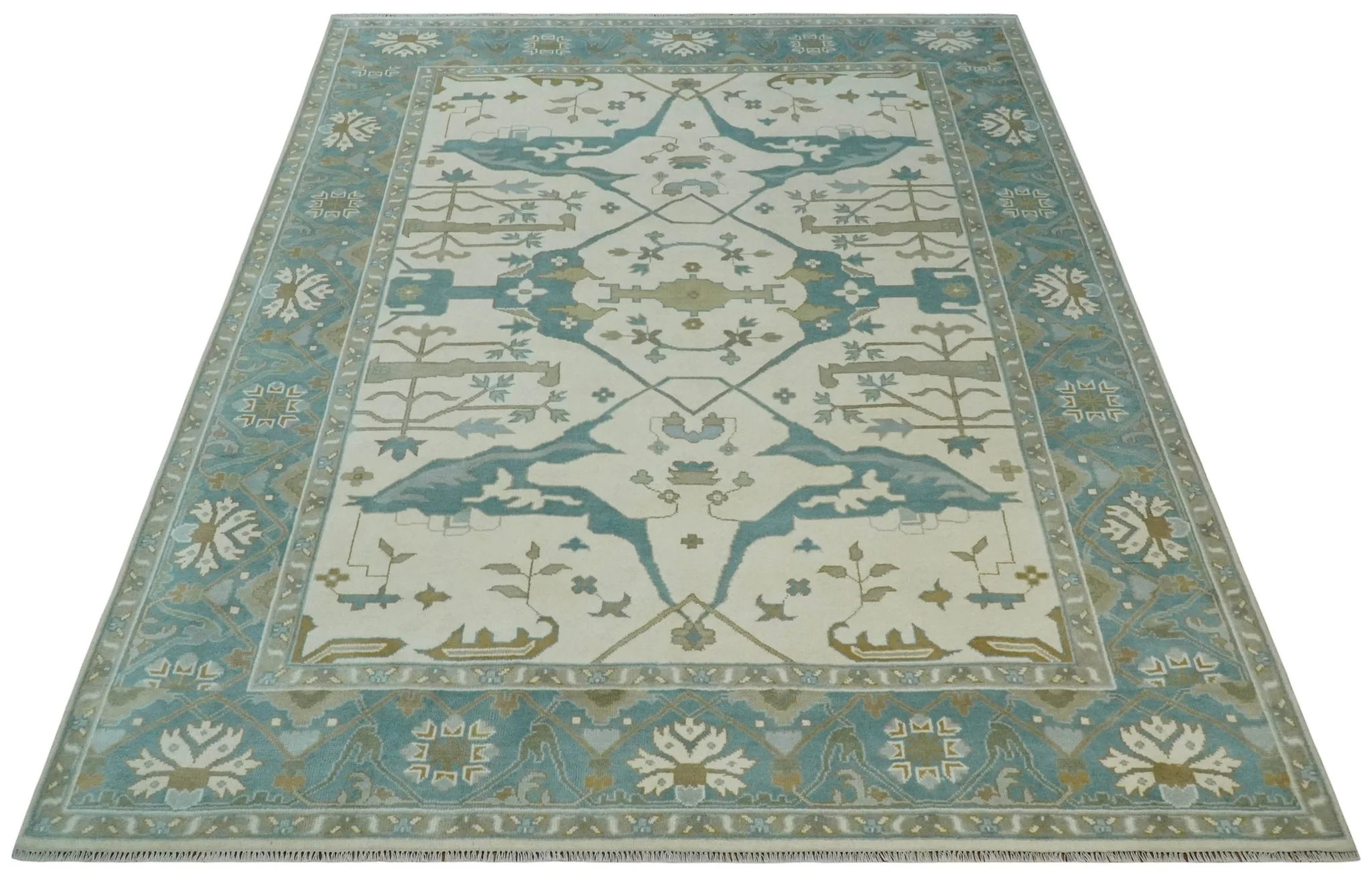 9x12 Hand Knotted Oriental Oushak Ivory, Teal and Beige Wool Area Rug - Image 8