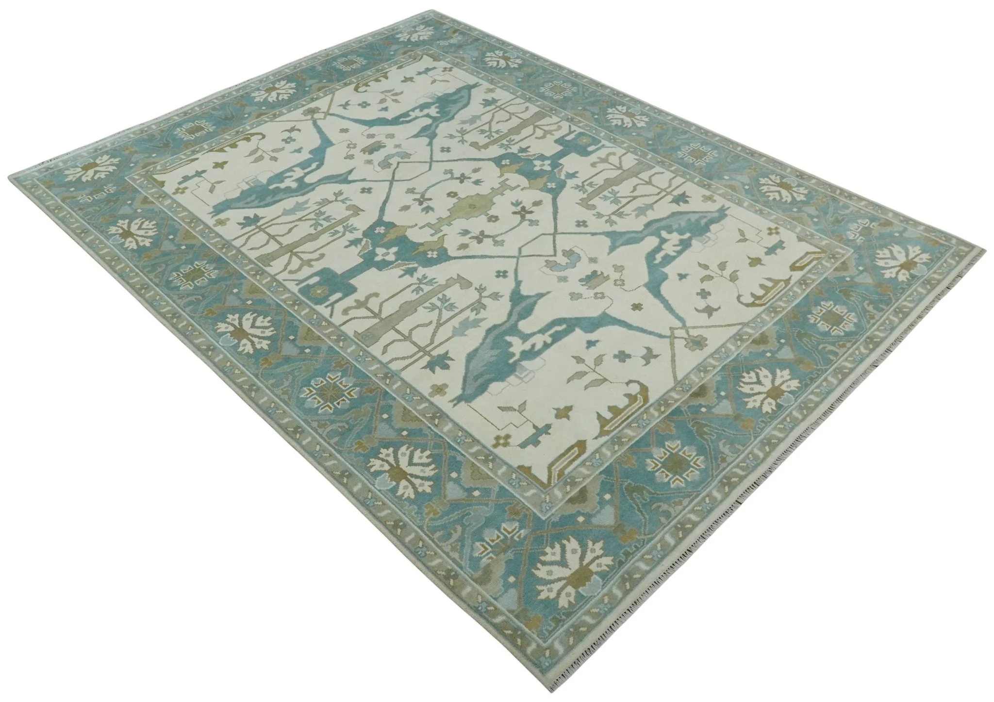 9x12 Hand Knotted Oriental Oushak Ivory, Teal and Beige Wool Area Rug - Image 9