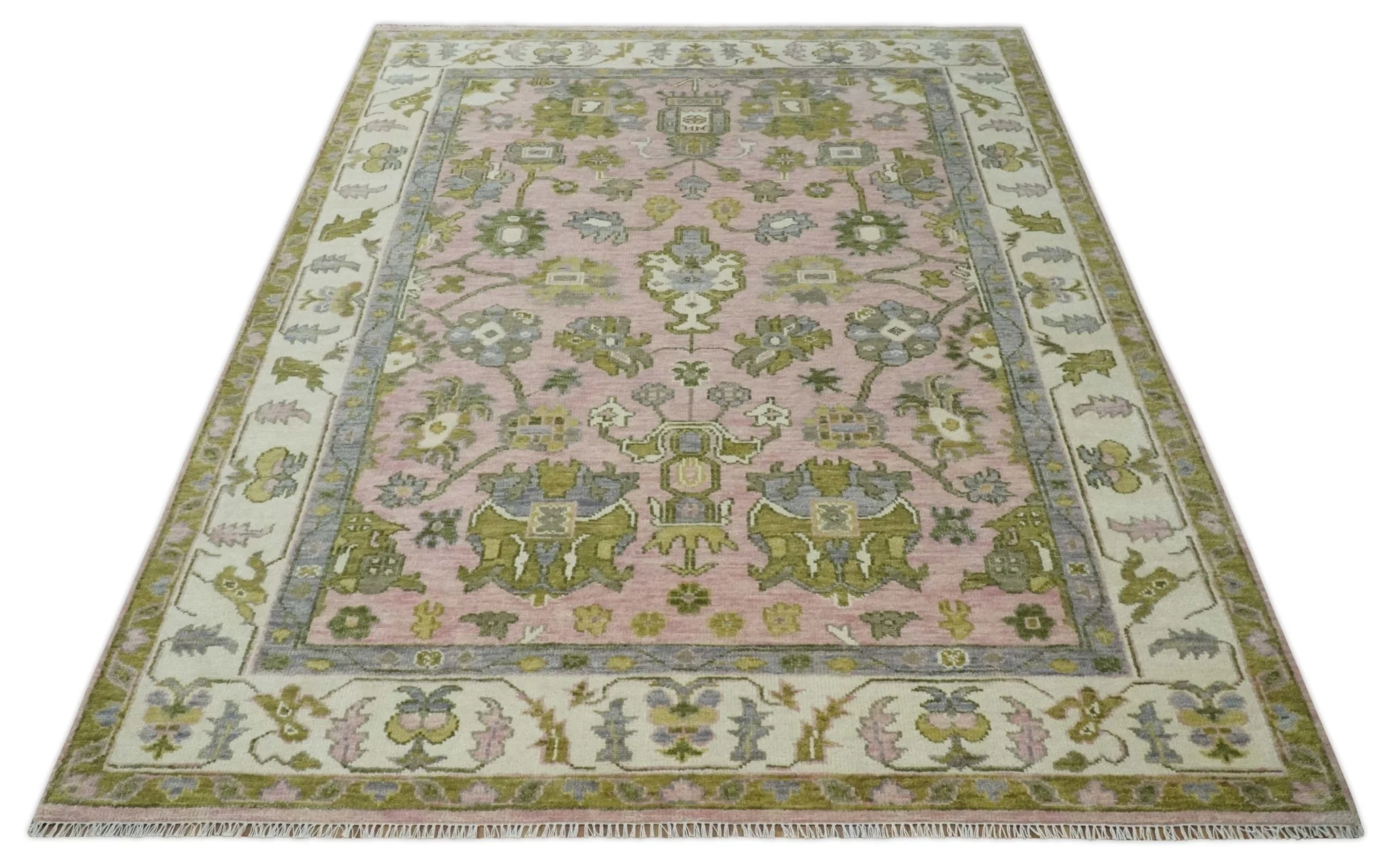 9x12 Hand Knotted Peach, Ivory and Olive Traditional Antique Style Wool Area Rug - Image 10