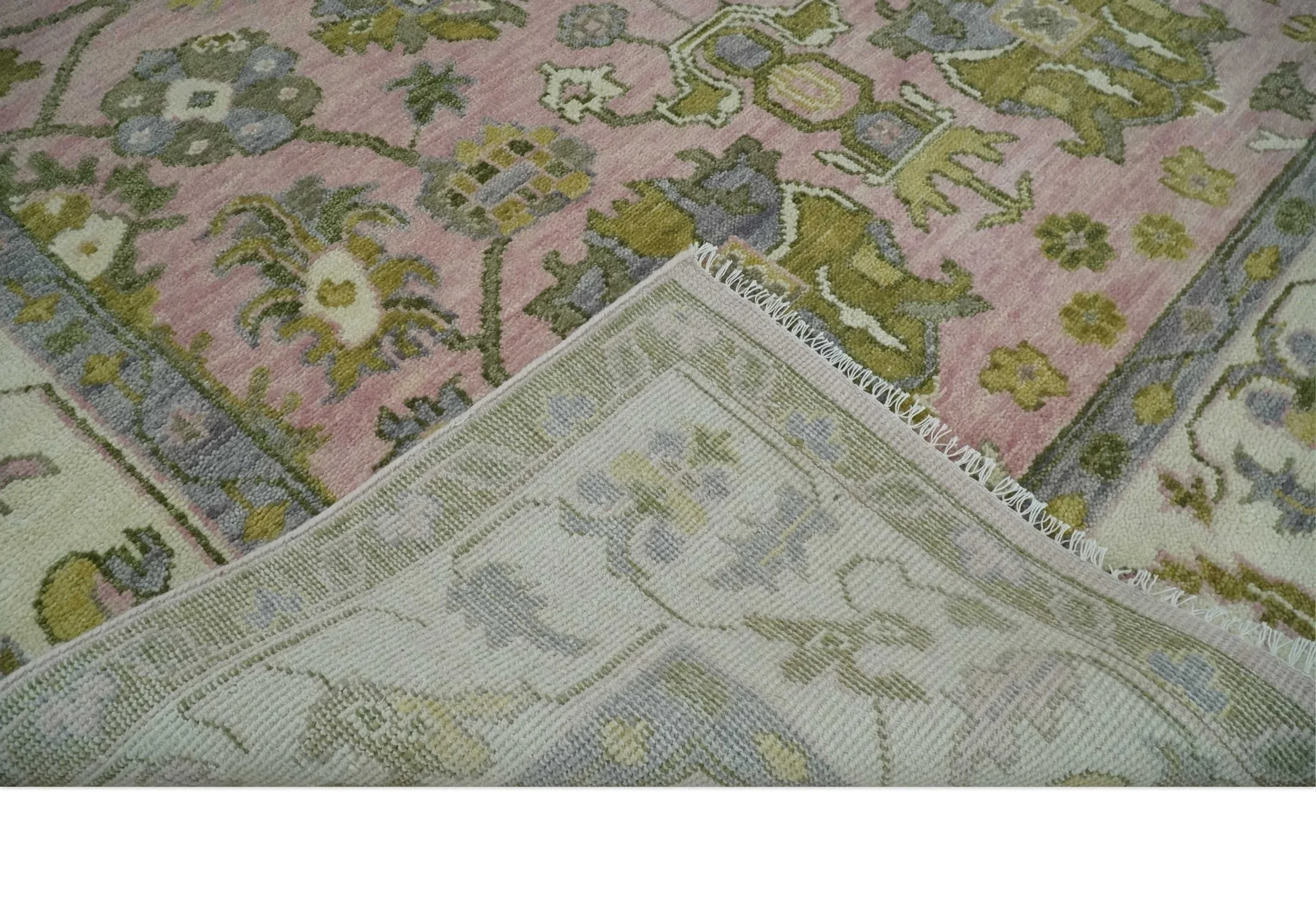 9x12 Hand Knotted Peach, Ivory and Olive Traditional Antique Style Wool Area Rug - Image 7