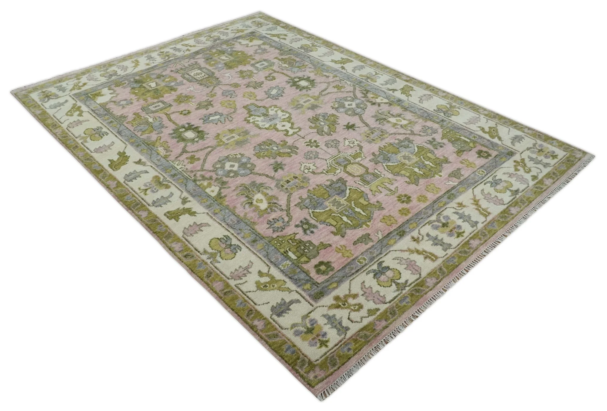 9x12 Hand Knotted Peach, Ivory and Olive Traditional Antique Style Wool Area Rug - Image 9