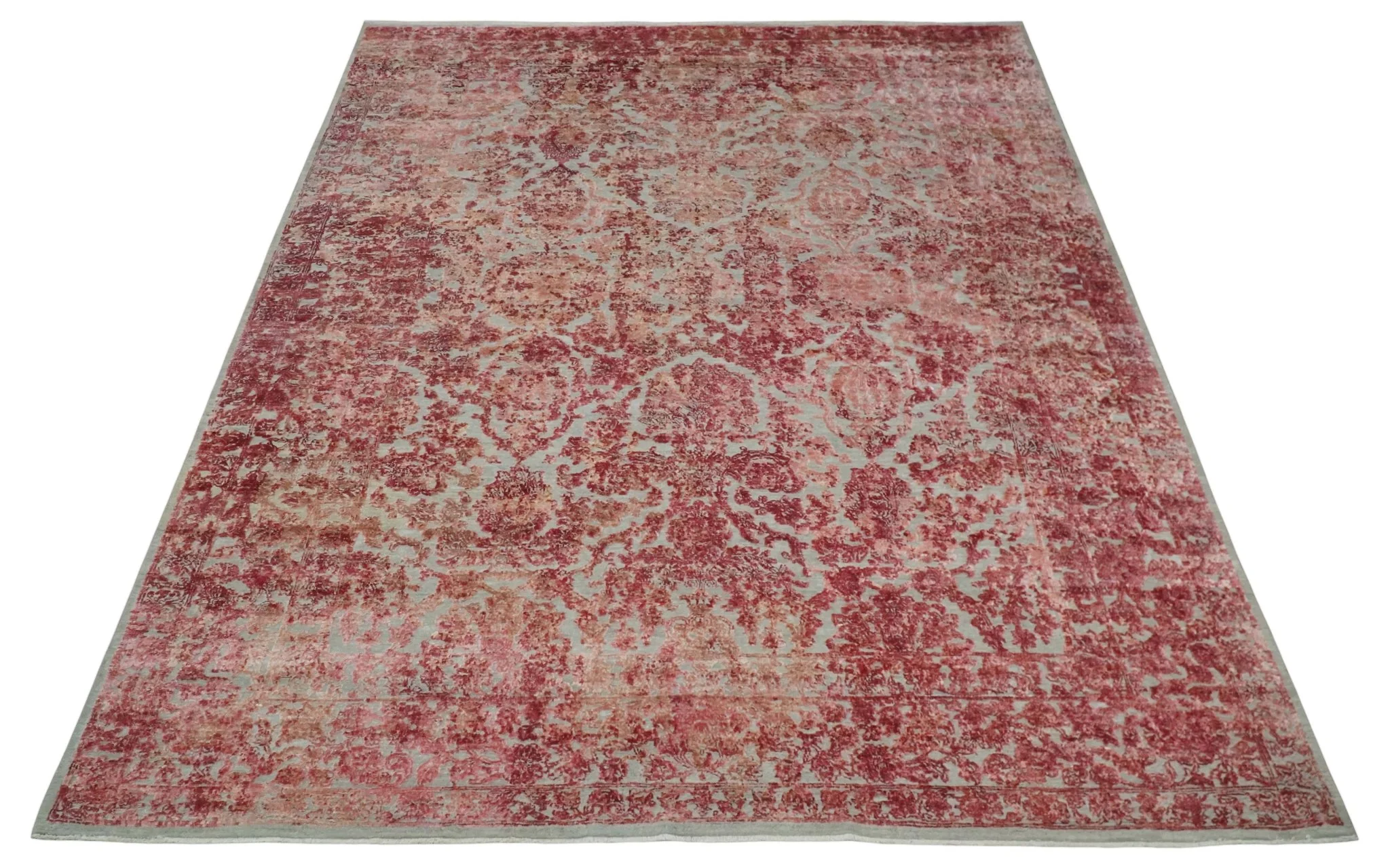 9x12 Hand Knotted Red and Pink Modern Carved Pattern Antique Wool and Silk Area Rug - Image 10