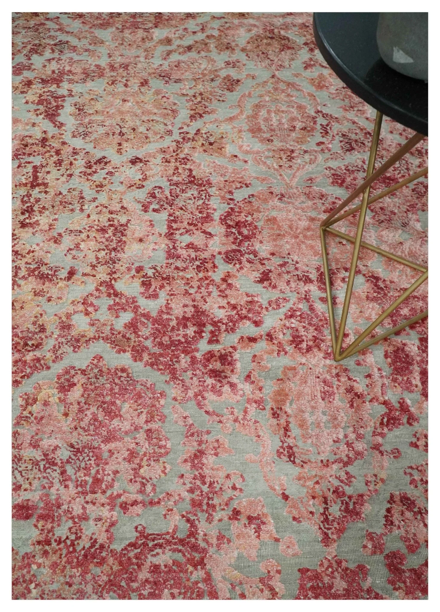 9x12 Hand Knotted Red and Pink Modern Carved Pattern Antique Wool and Silk Area Rug - Image 2