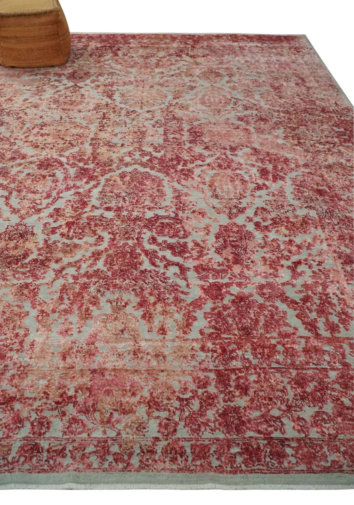 9x12 Hand Knotted Red and Pink Modern Carved Pattern Antique Wool and Silk Area Rug - Image 3
