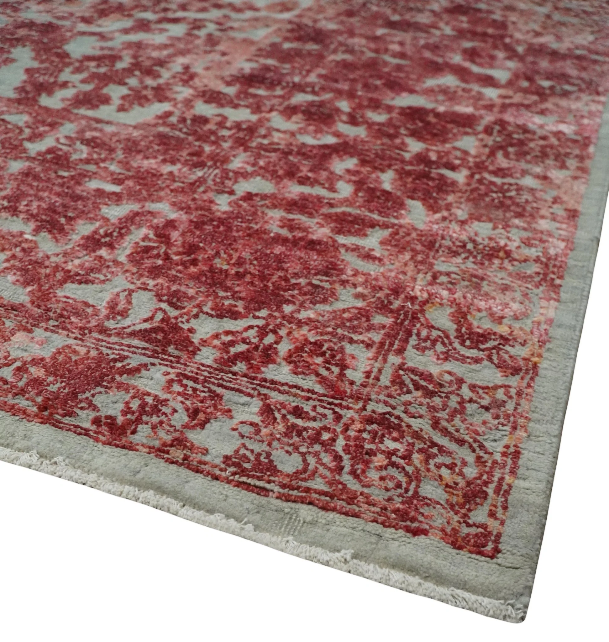 9x12 Hand Knotted Red and Pink Modern Carved Pattern Antique Wool and Silk Area Rug - Image 5