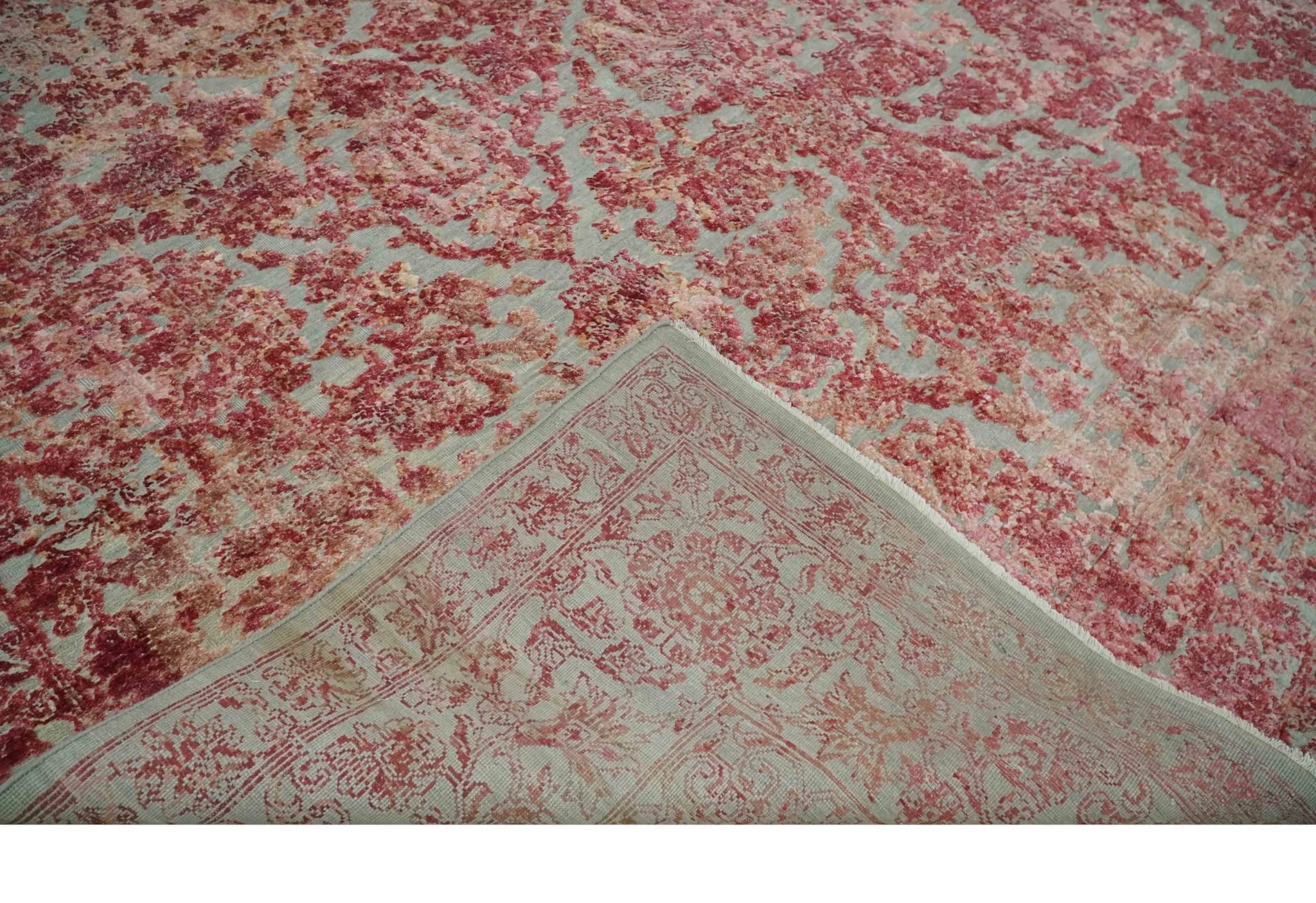 9x12 Hand Knotted Red and Pink Modern Carved Pattern Antique Wool and Silk Area Rug - Image 7