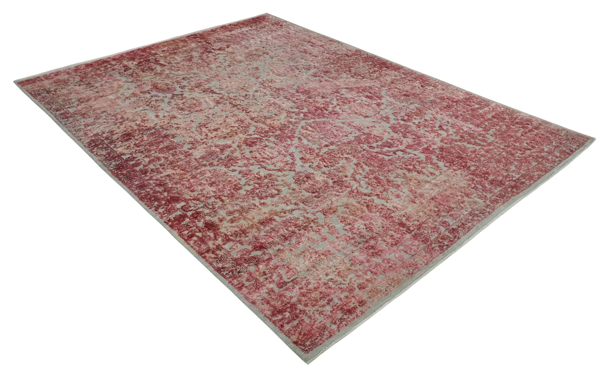 9x12 Hand Knotted Red and Pink Modern Carved Pattern Antique Wool and Silk Area Rug - Image 9