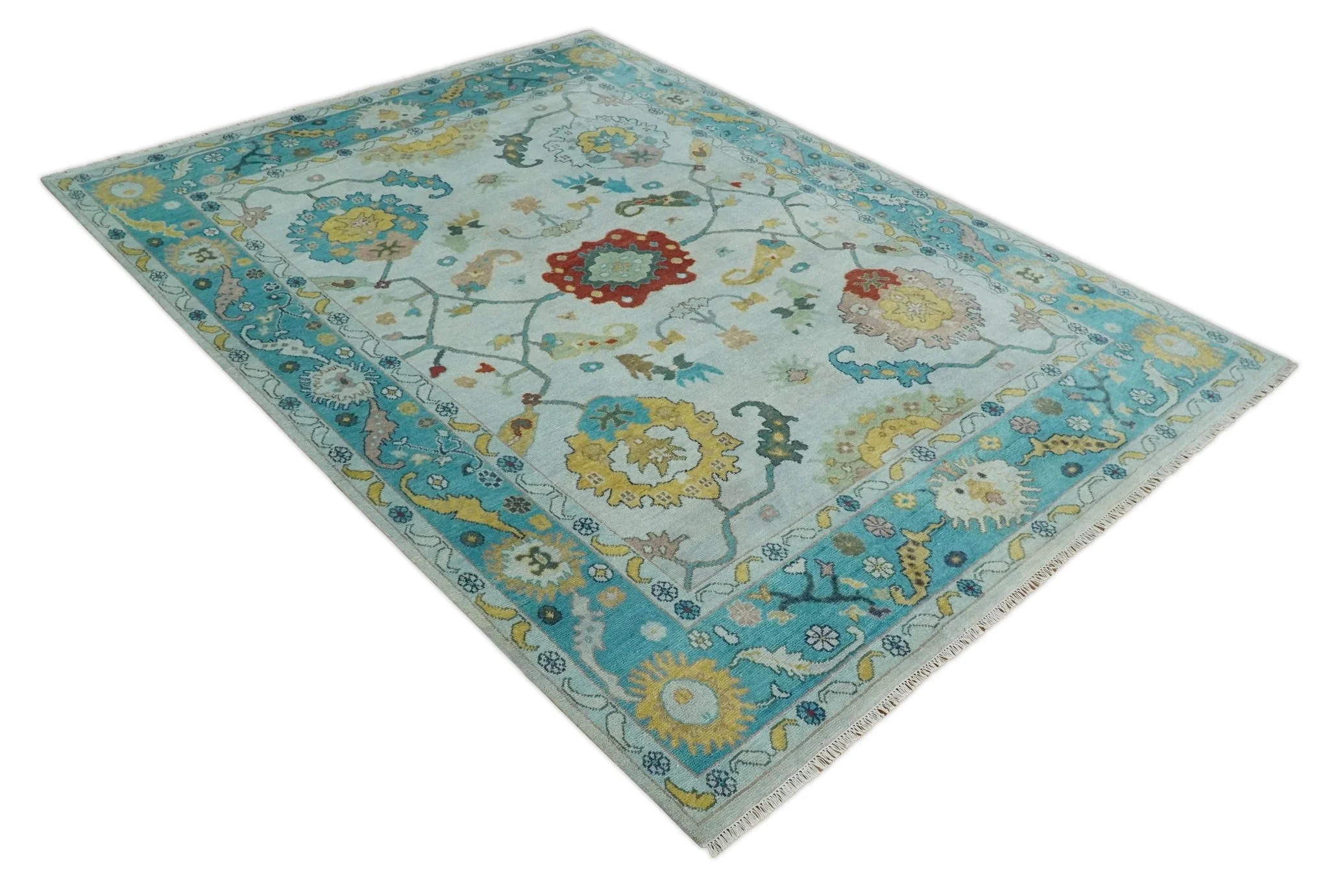 Modern Oushak 9x12 Hand Knotted Persian Blue, Red and Gold Colorful Wool Area Rug | TRDCP835912 - Image 10