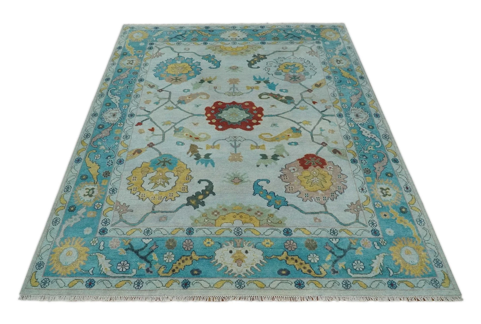 Modern Oushak 9x12 Hand Knotted Persian Blue, Red and Gold Colorful Wool Area Rug | TRDCP835912 - Image 11