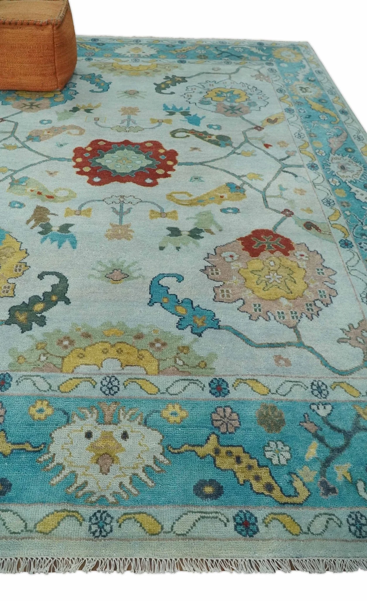 Modern Oushak 9x12 Hand Knotted Persian Blue, Red and Gold Colorful Wool Area Rug | TRDCP835912 - Image 3
