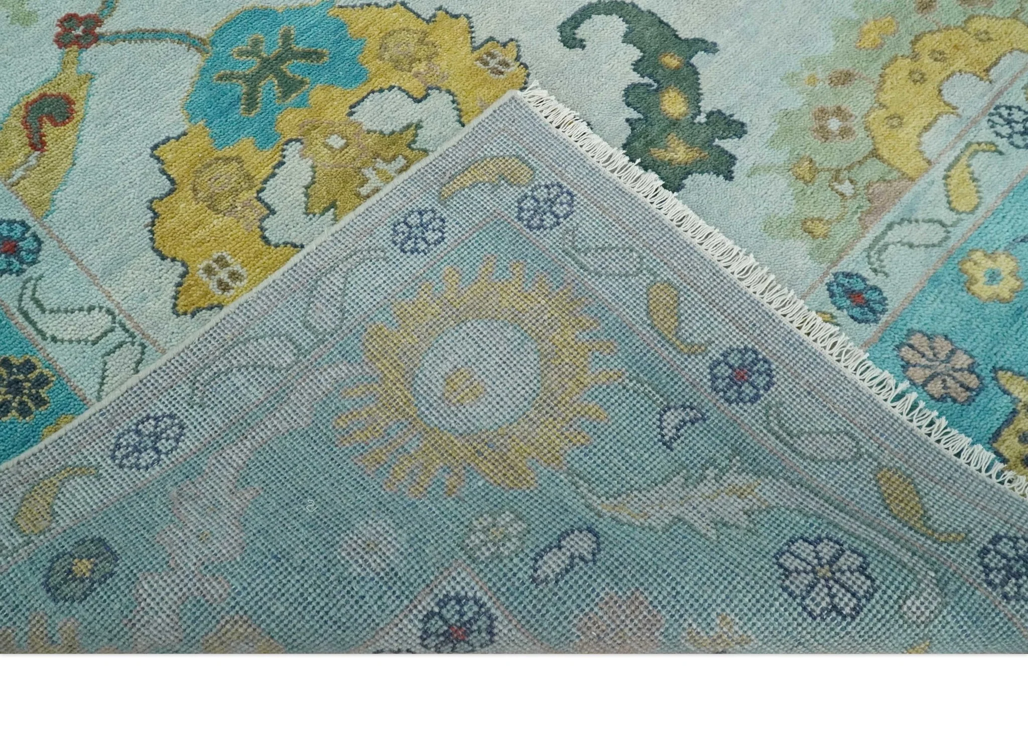 Modern Oushak 9x12 Hand Knotted Persian Blue, Red and Gold Colorful Wool Area Rug | TRDCP835912 - Image 7