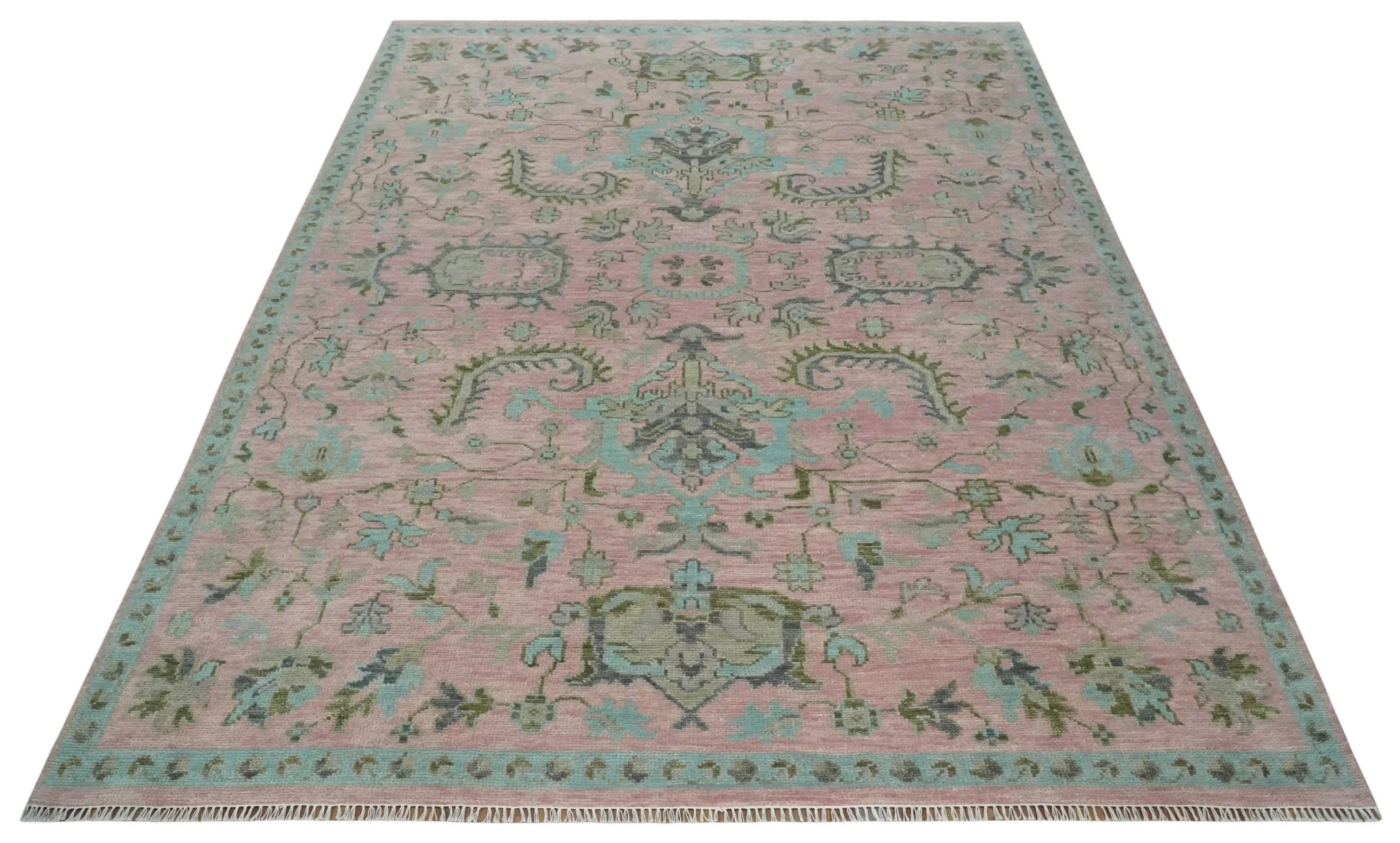9x12 Hand Knotted Pink and Aqua Oriental Oushak Traditional Wool Area Rug - Image 10