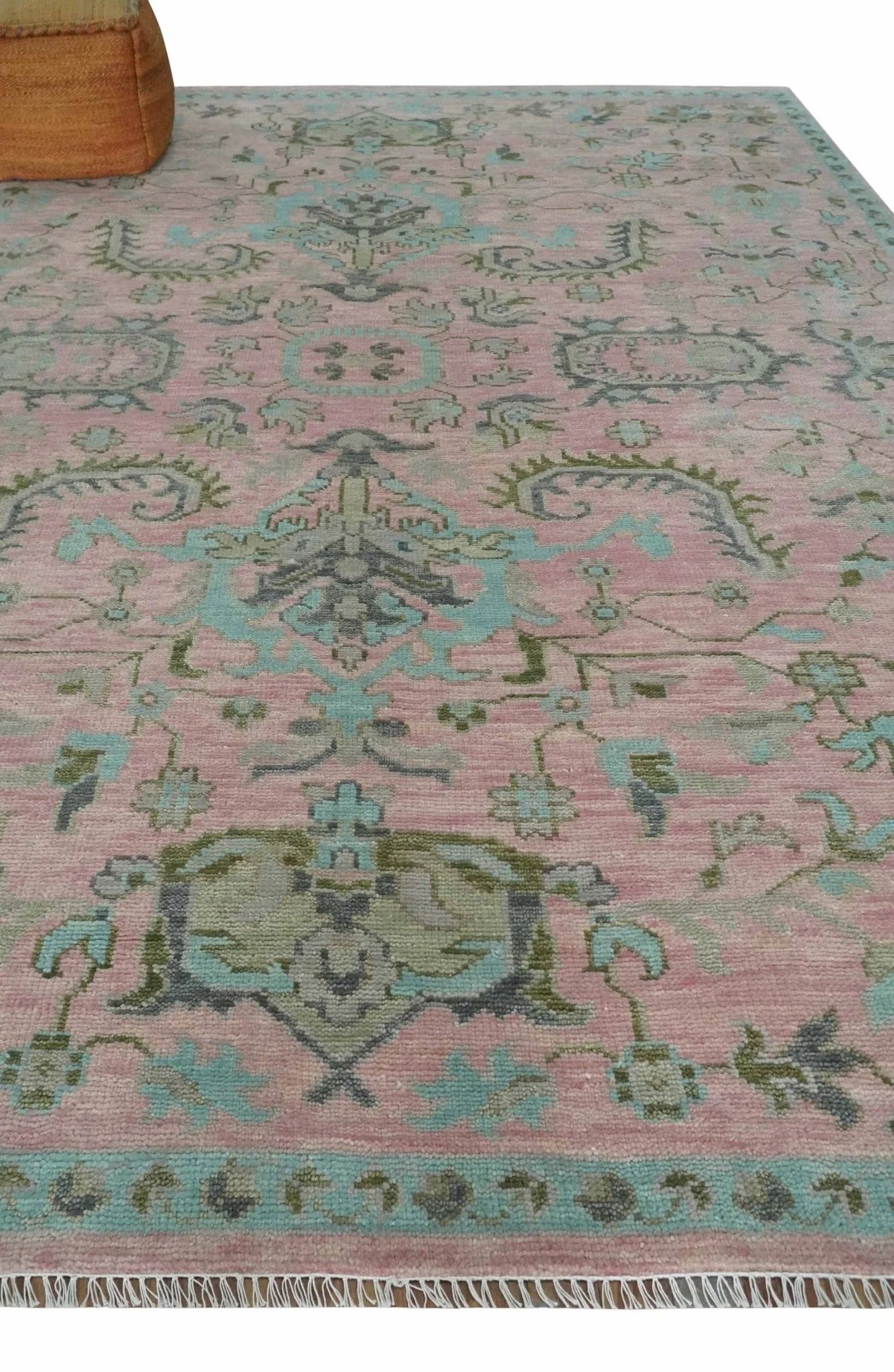 9x12 Hand Knotted Pink and Aqua Oriental Oushak Traditional Wool Area Rug - Image 3