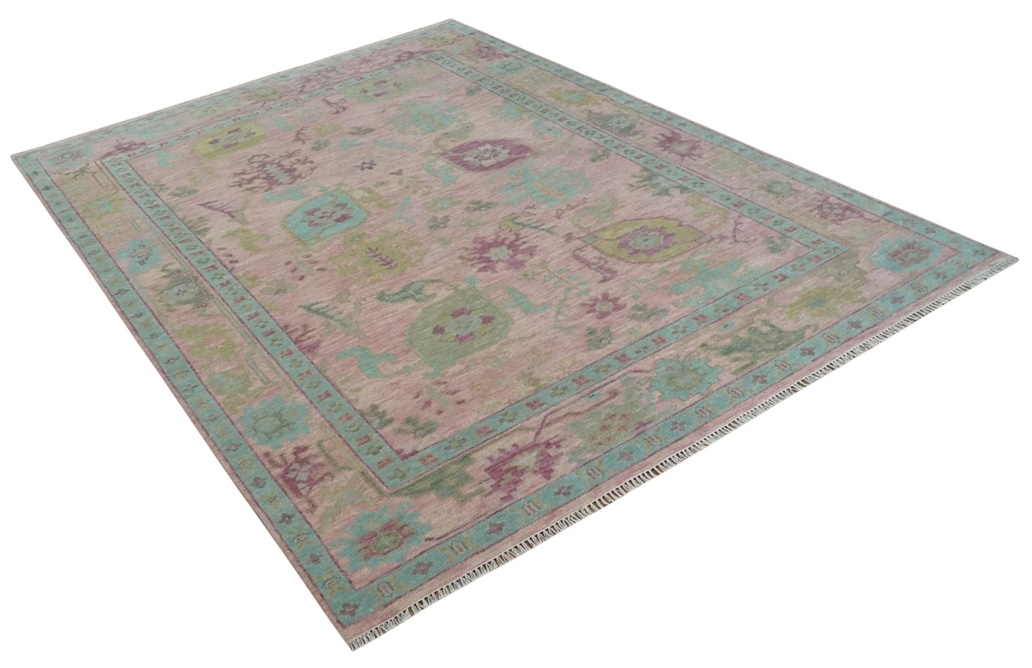 9x12 Hand Knotted Pink, Aqua and Purple Vibrant colorful Oushak Wool Area Rug - Image 9