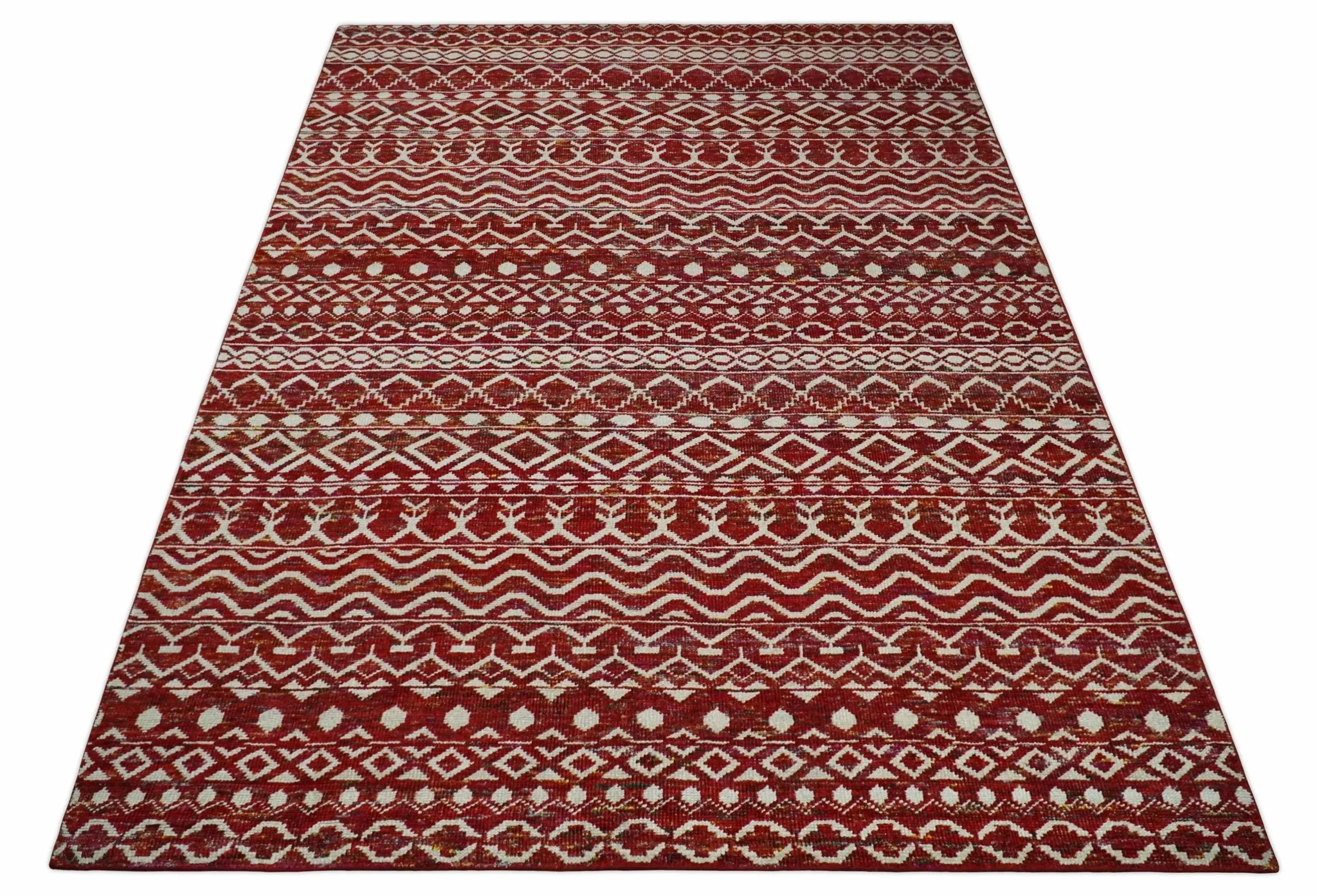 9x12 Hand Knotted Maroon and White Modern Contemporary Southwestern Tribal Trellis Recycled Silk Area Rug | OP15 - Image 11