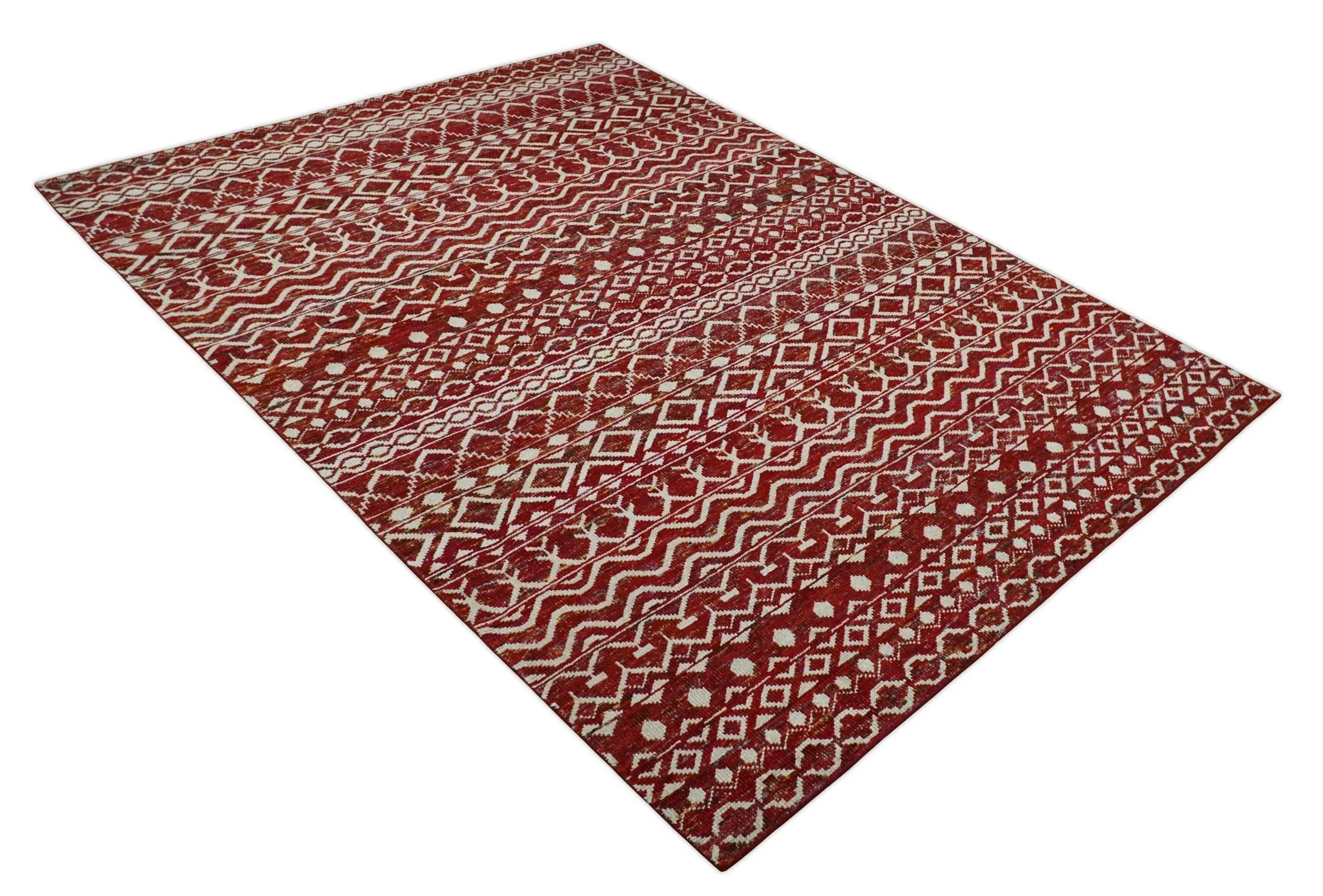 9x12 Hand Knotted Maroon and White Modern Contemporary Southwestern Tribal Trellis Recycled Silk Area Rug | OP15 - Image 12