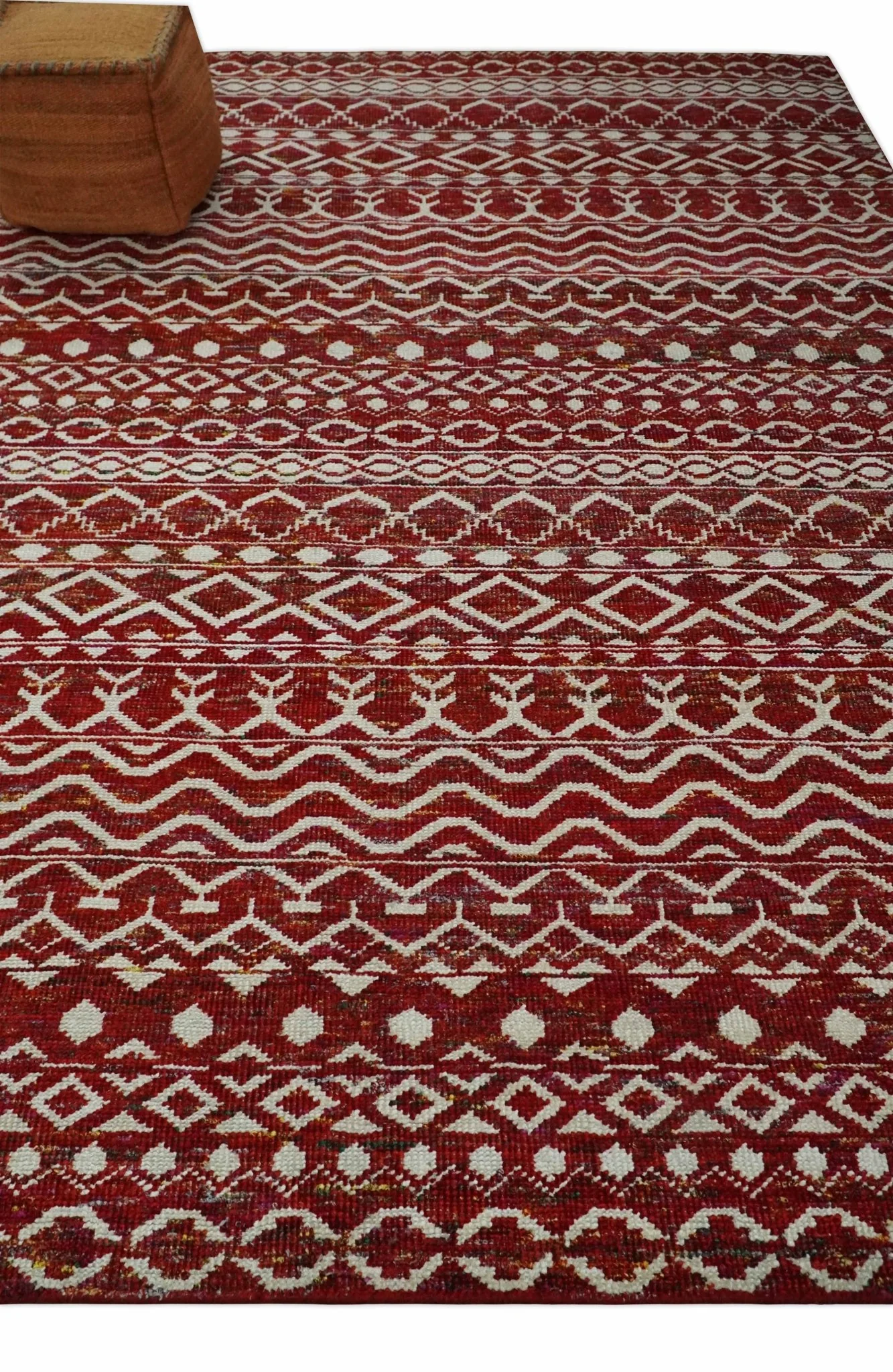 9x12 Hand Knotted Maroon and White Modern Contemporary Southwestern Tribal Trellis Recycled Silk Area Rug | OP15 - Image 3