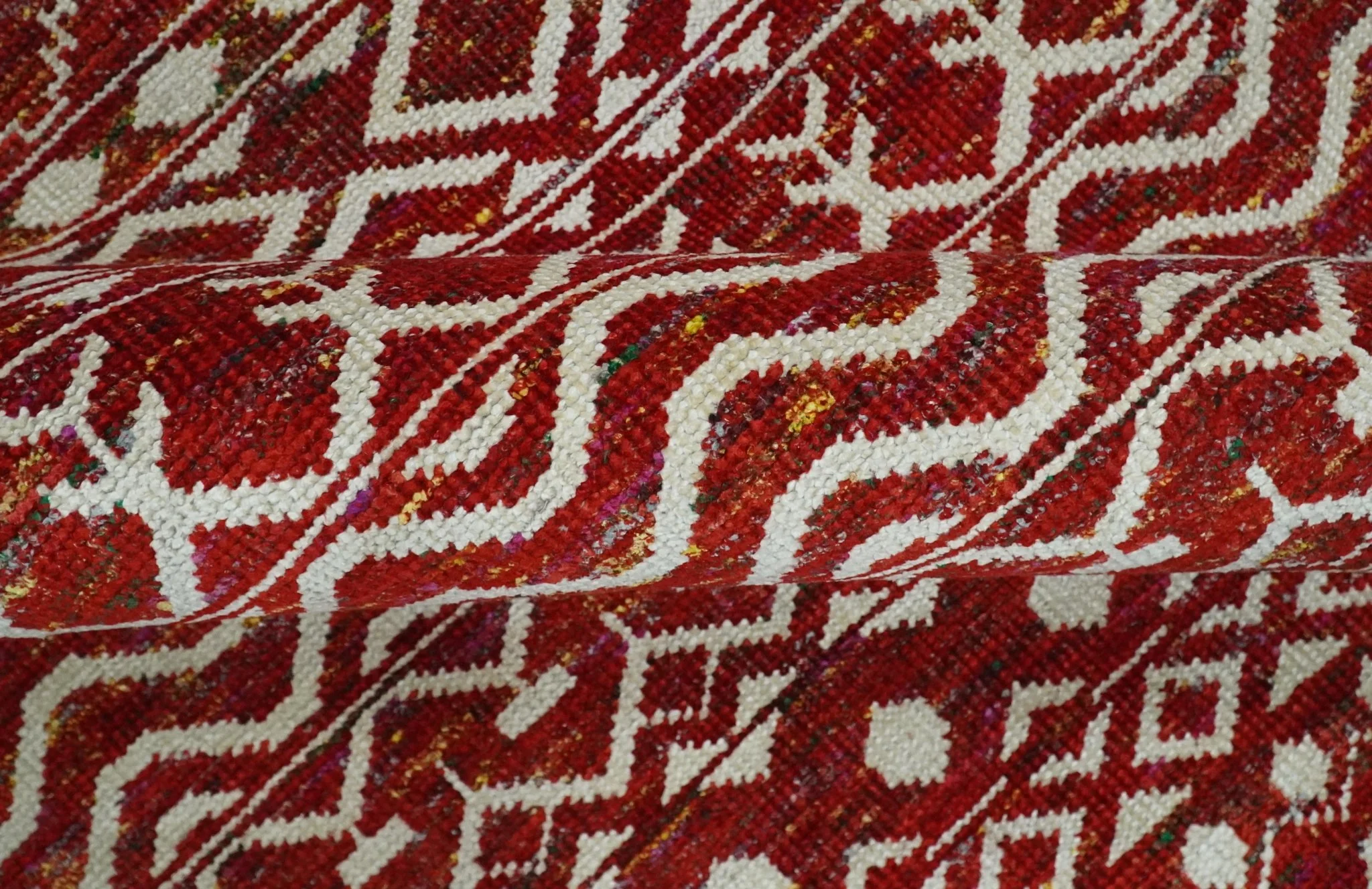 9x12 Hand Knotted Maroon and White Modern Contemporary Southwestern Tribal Trellis Recycled Silk Area Rug | OP15 - Image 8