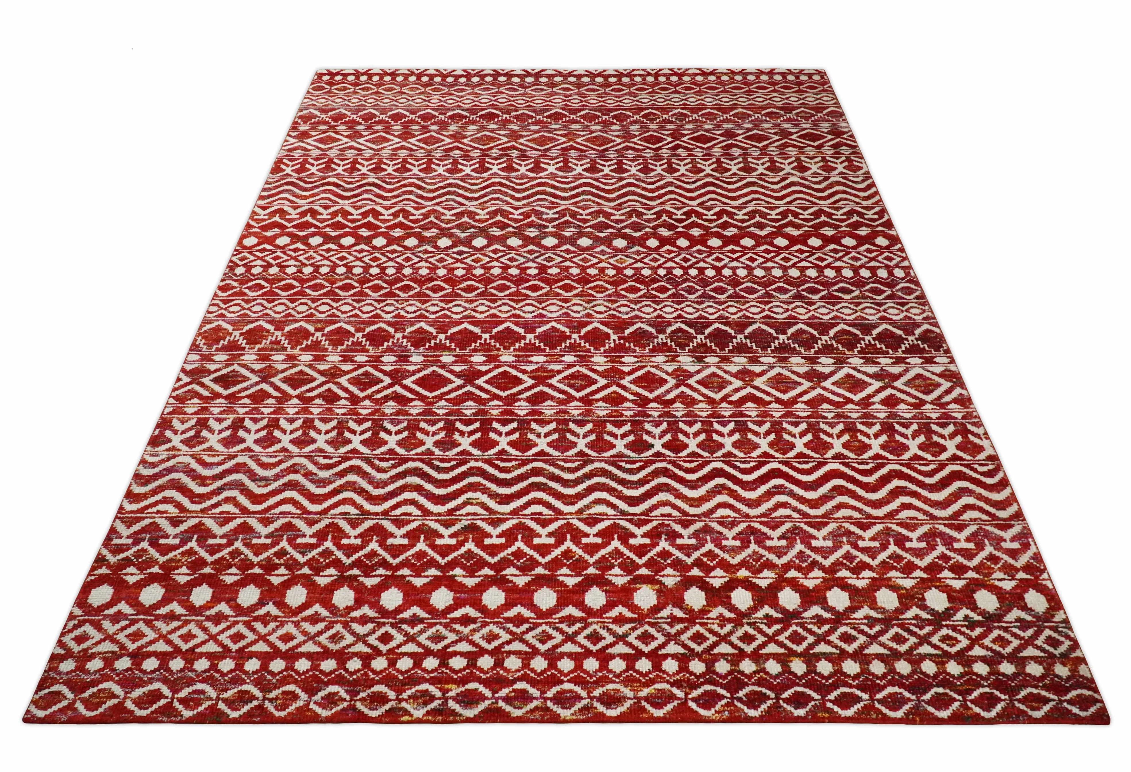 4x6 and 9x12 Hand Knotted Rust and White Modern Contemporary Southwestern Tribal Trellis Recycled Silk Area Rug | OP7 - Image 11