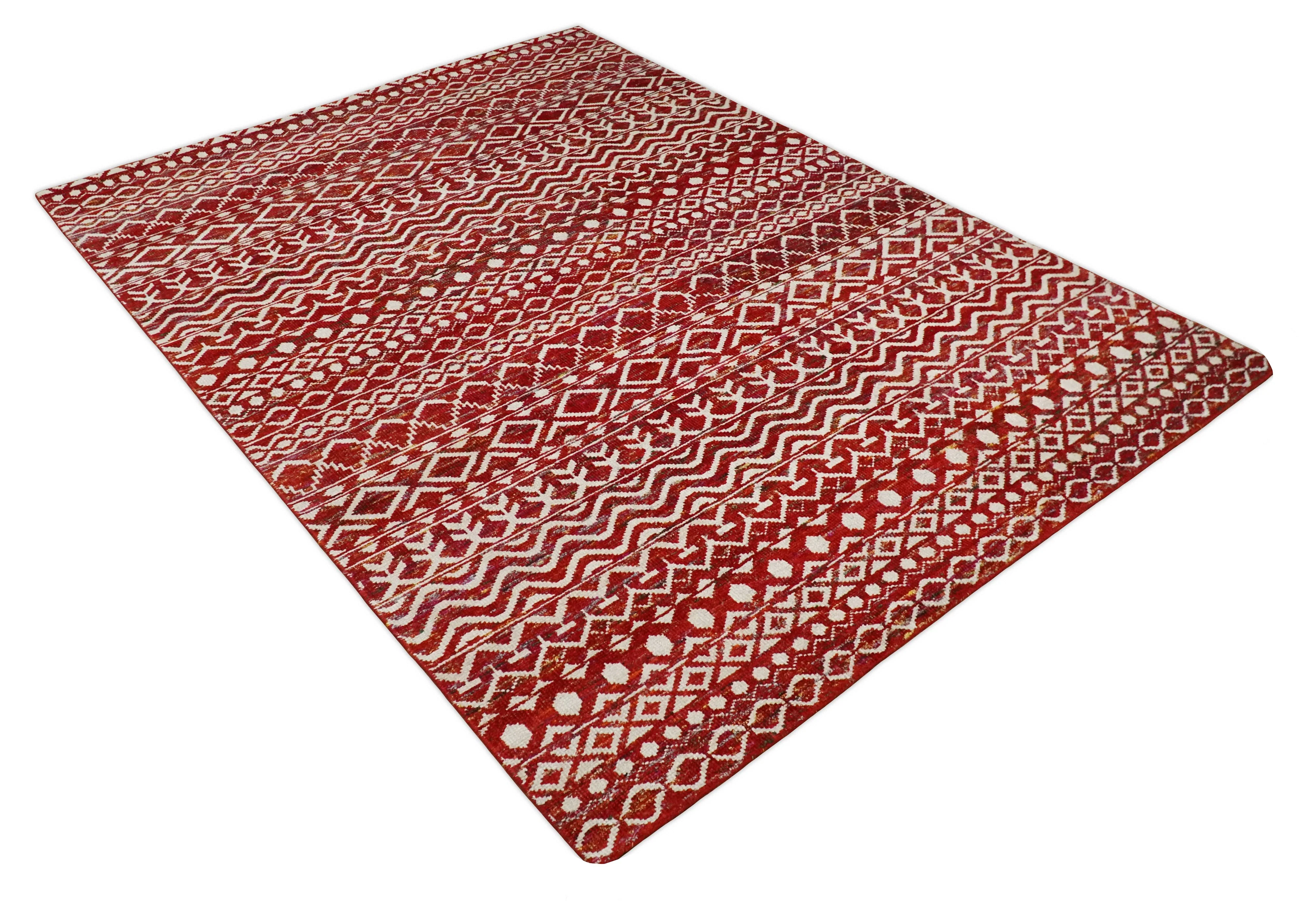 4x6 and 9x12 Hand Knotted Rust and White Modern Contemporary Southwestern Tribal Trellis Recycled Silk Area Rug | OP7 - Image 12
