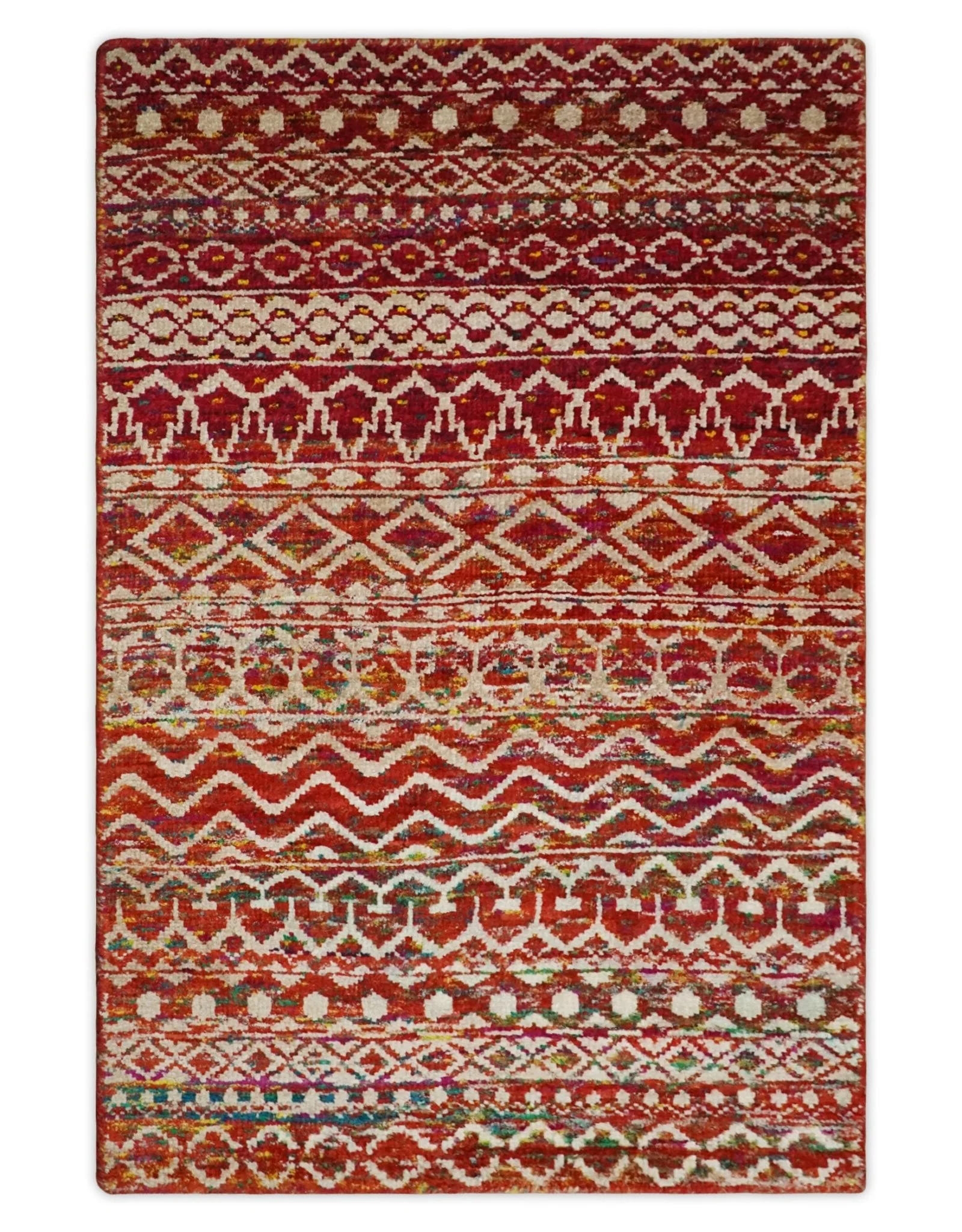 4x6 and 9x12 Hand Knotted Rust and White Modern Contemporary Southwestern Tribal Trellis Recycled Silk Area Rug | OP7 - Image 13