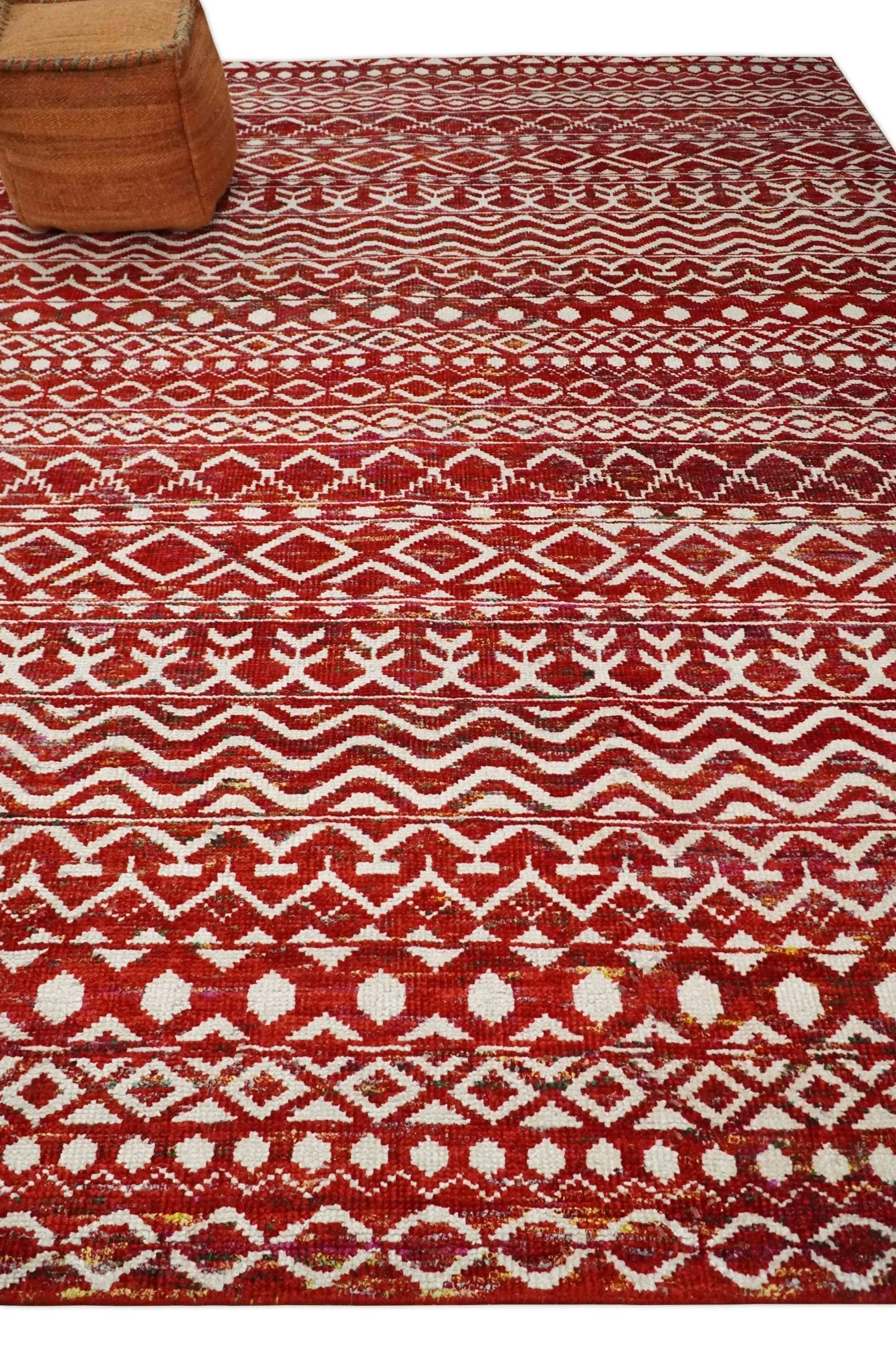 4x6 and 9x12 Hand Knotted Rust and White Modern Contemporary Southwestern Tribal Trellis Recycled Silk Area Rug | OP7 - Image 3