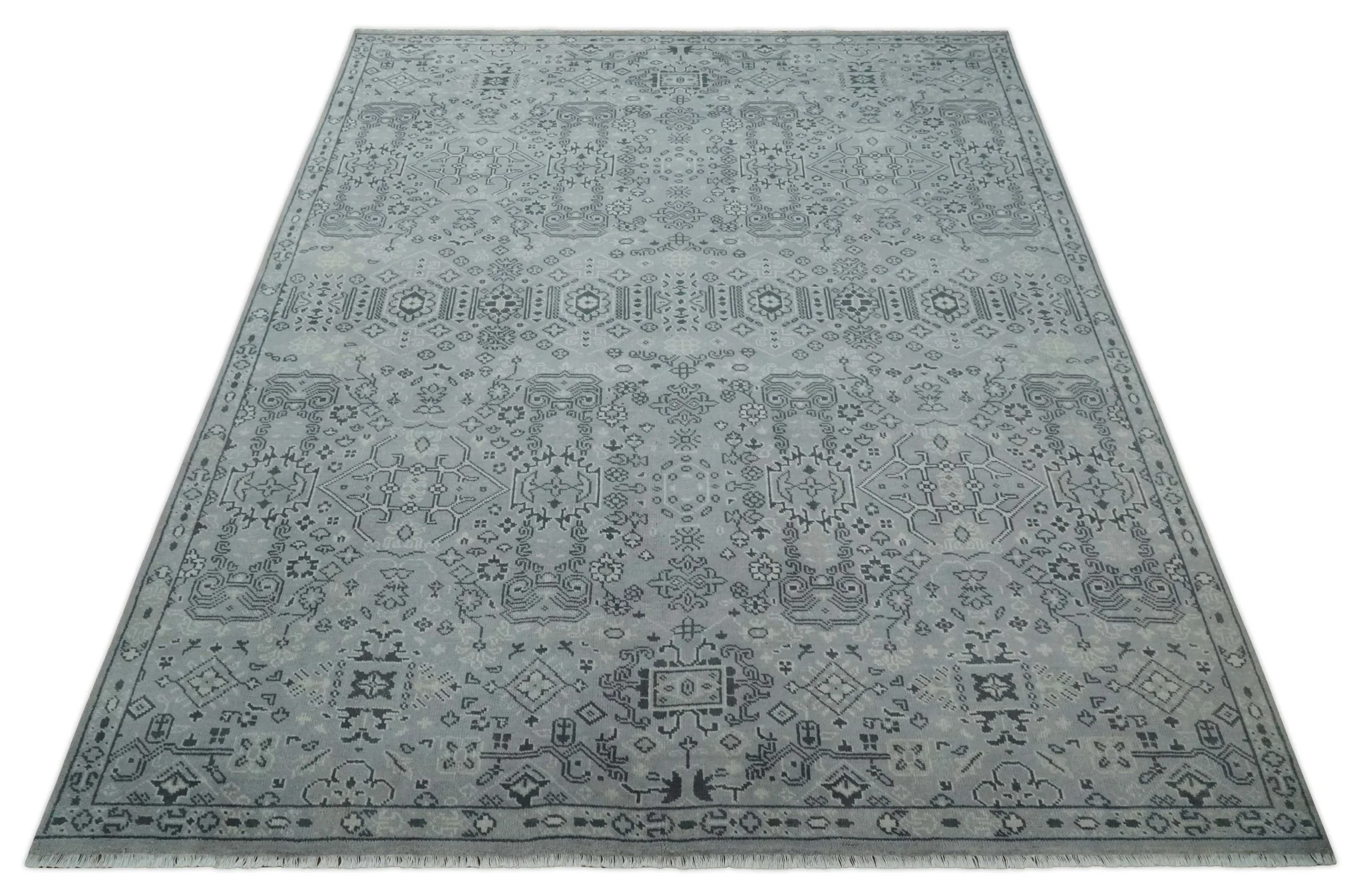 9x12 Hand Knotted Silver, Ivory and Charcoal Traditional Antique Style Wool Rug - Image 10