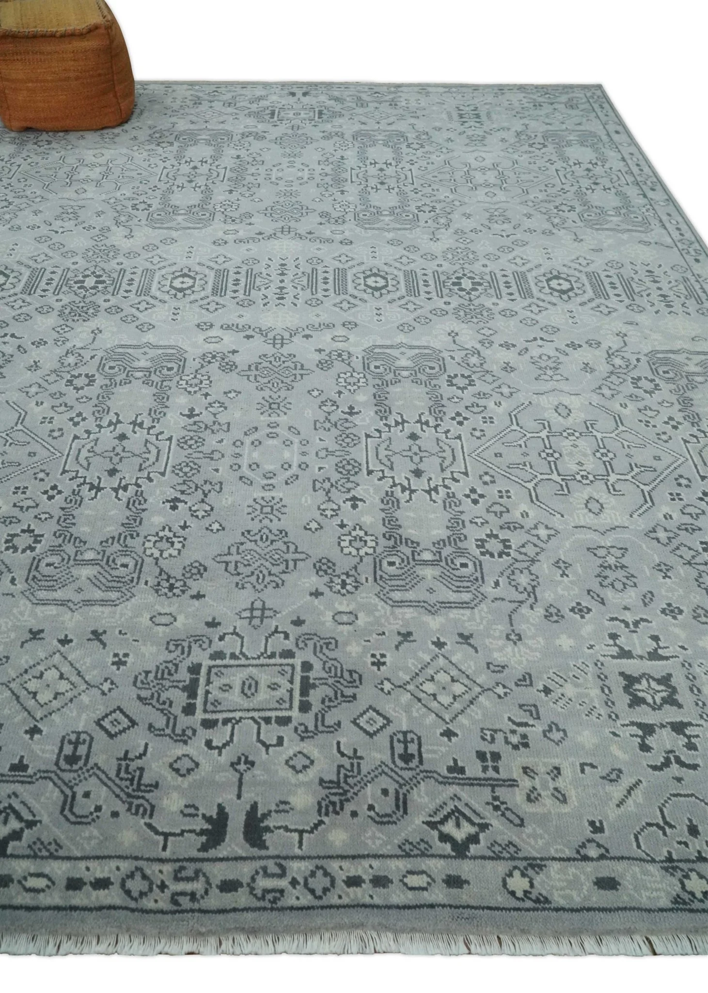 9x12 Hand Knotted Silver, Ivory and Charcoal Traditional Antique Style Wool Rug - Image 3