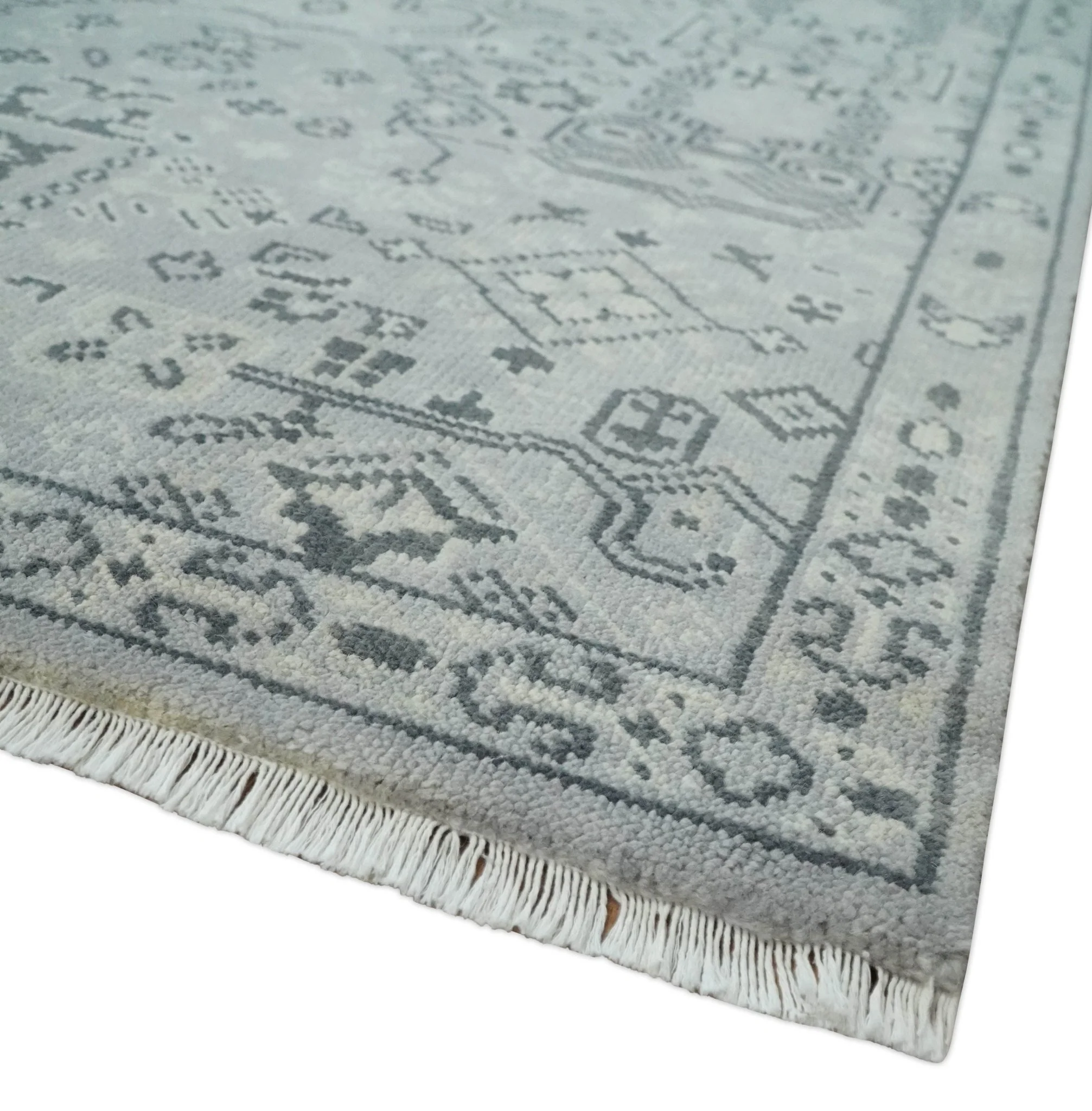 9x12 Hand Knotted Silver, Ivory and Charcoal Traditional Antique Style Wool Rug - Image 5