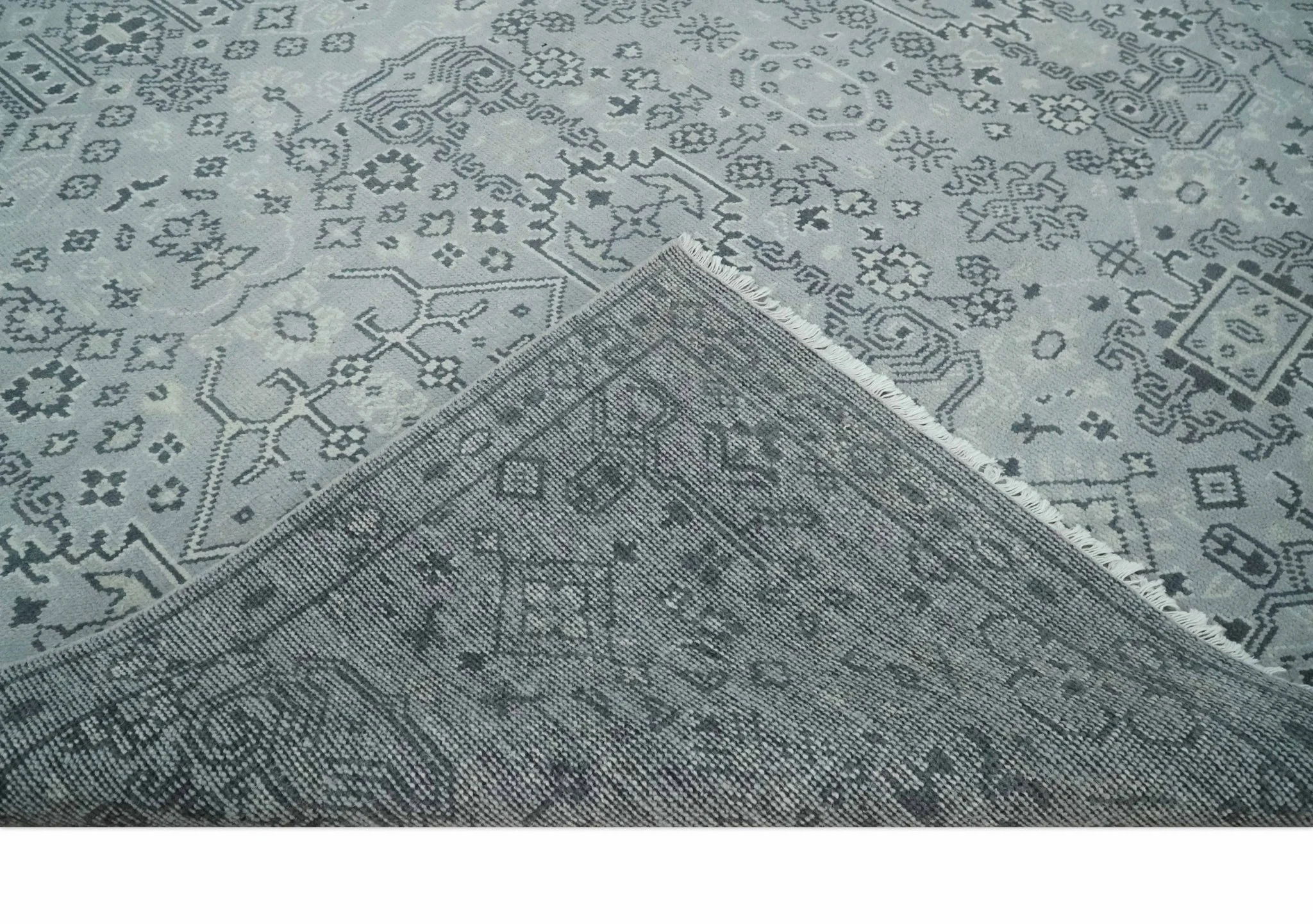 9x12 Hand Knotted Silver, Ivory and Charcoal Traditional Antique Style Wool Rug - Image 7