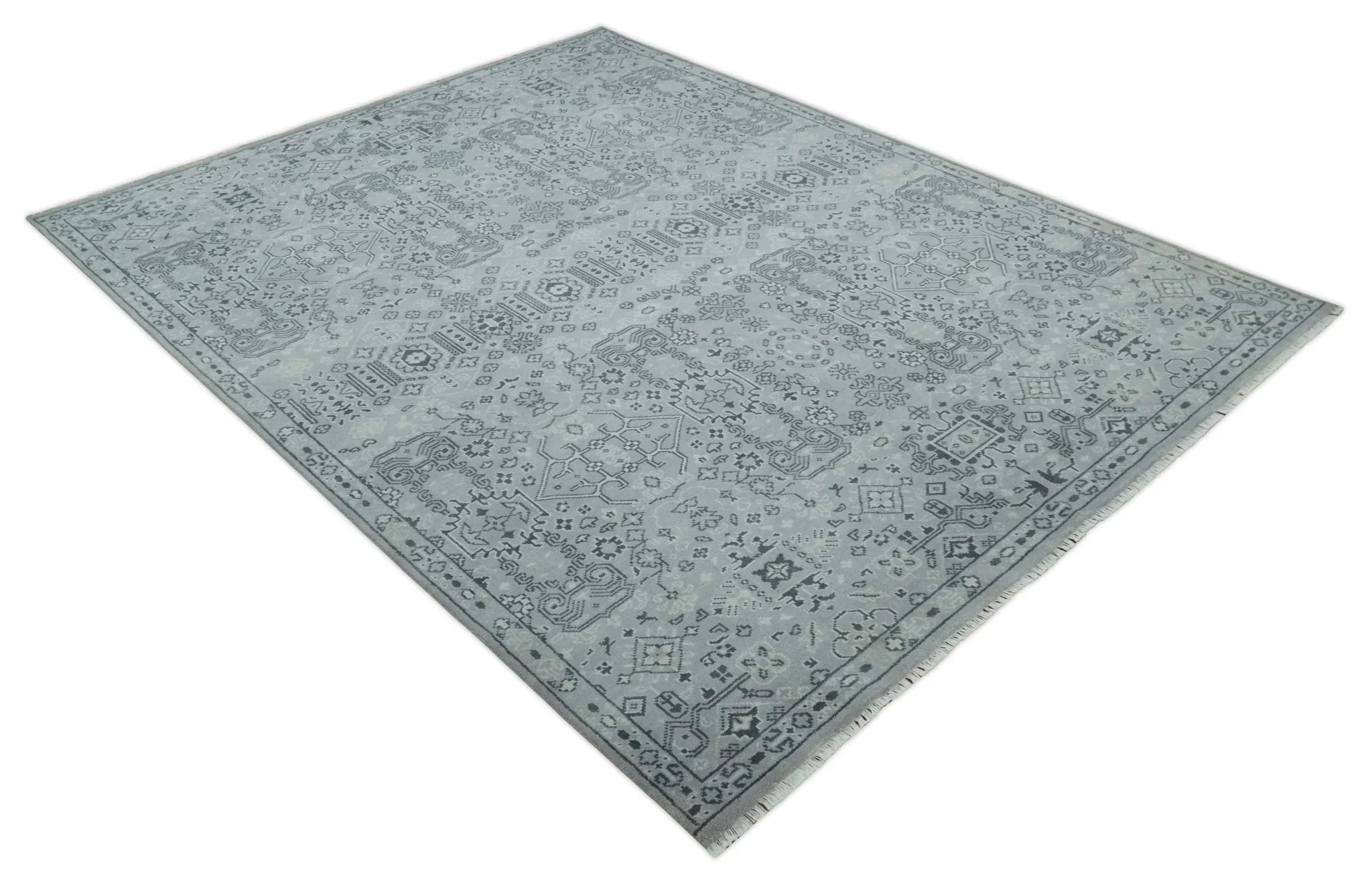 9x12 Hand Knotted Silver, Ivory and Charcoal Traditional Antique Style Wool Rug - Image 9