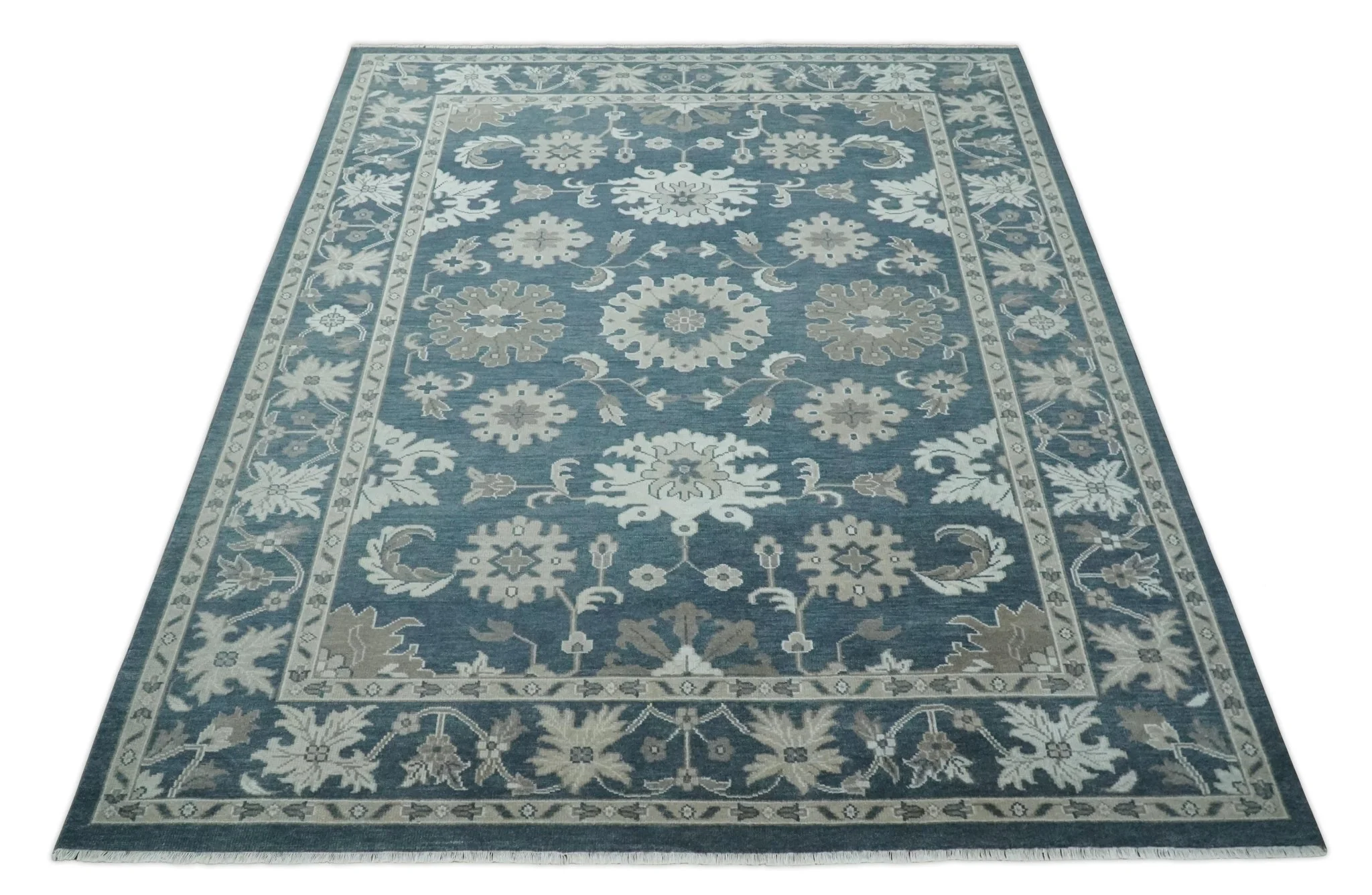 9x12 Hand Knotted Teal and Silver Traditional Oushak Wool Area Rug - Image 10