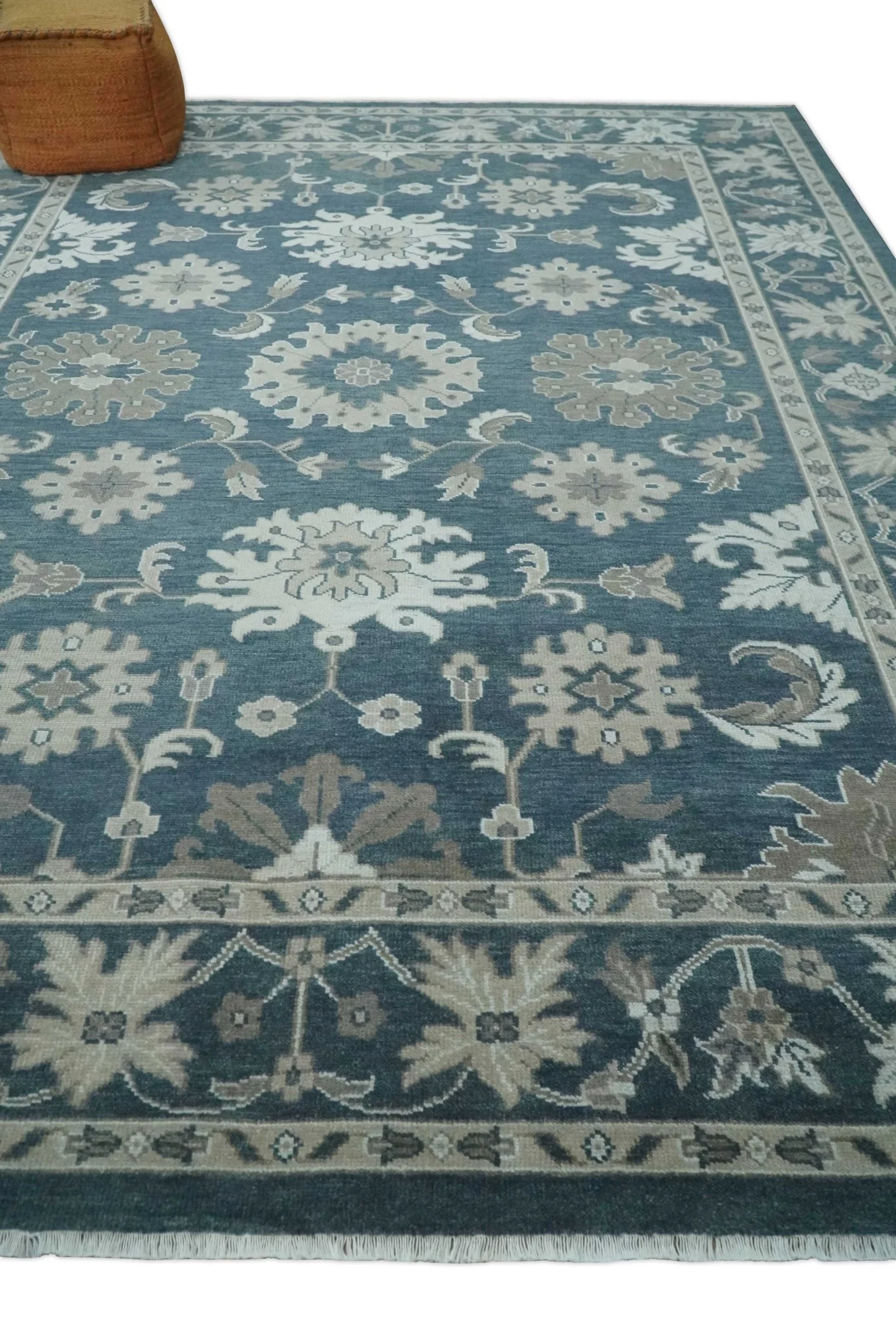 9x12 Hand Knotted Teal and Silver Traditional Oushak Wool Area Rug - Image 3