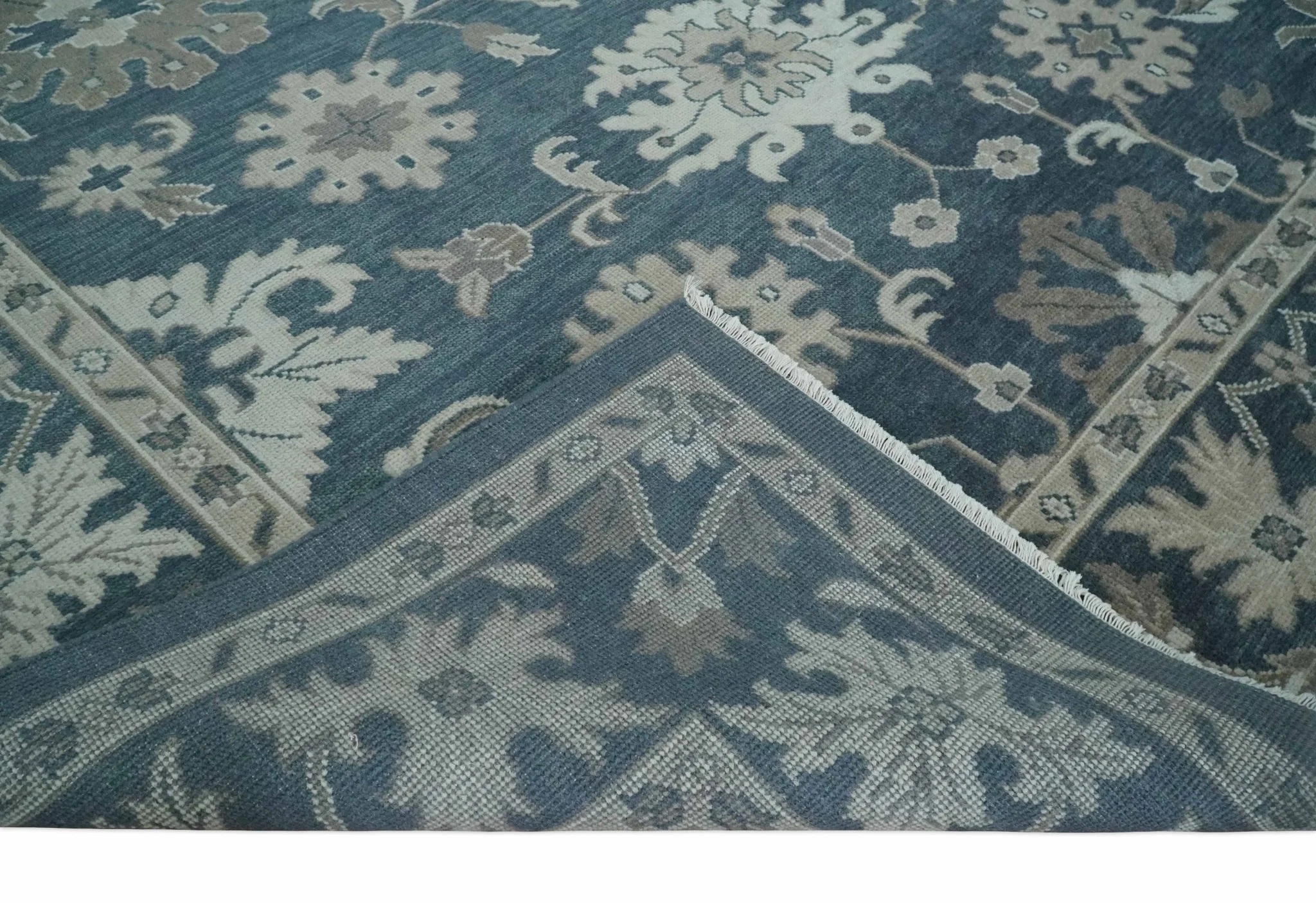 9x12 Hand Knotted Teal and Silver Traditional Oushak Wool Area Rug - Image 6